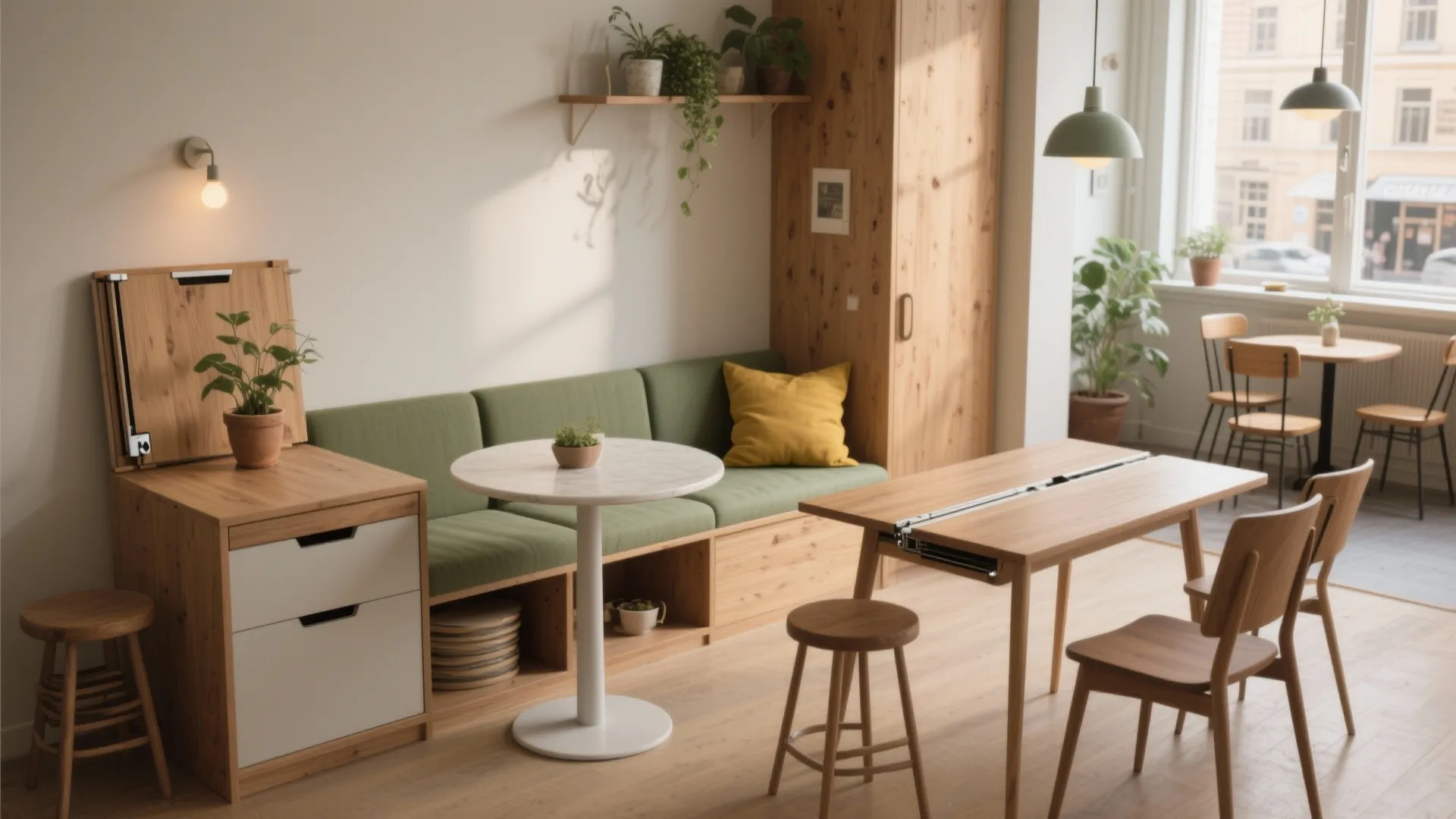 Small dining room area with green bench seating wooden tables chairs and natural light from window