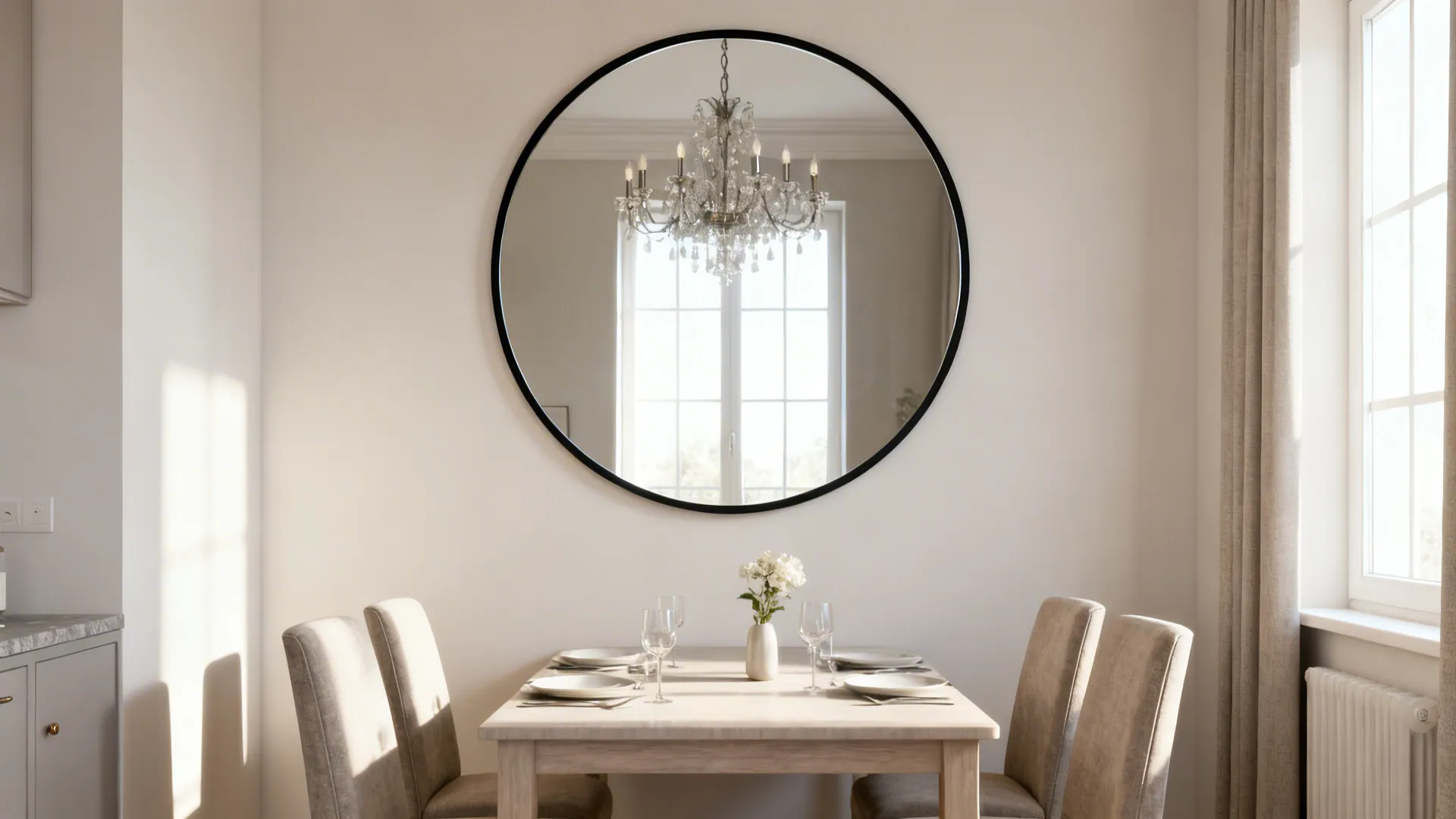 Small dining room brightened by a large round mirror reflecting light and a chandelier