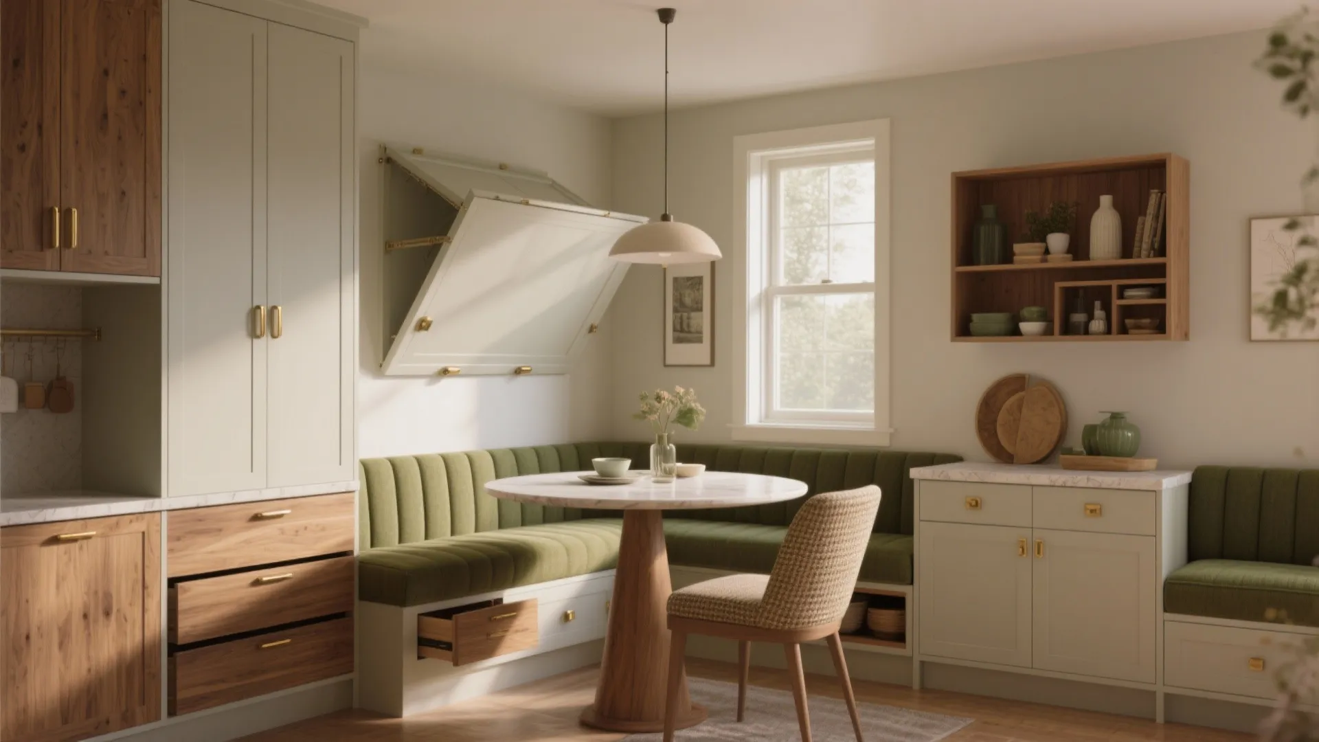 Modern dining room with green bench seating, marble table, wooden chair, ceiling light and cabinets