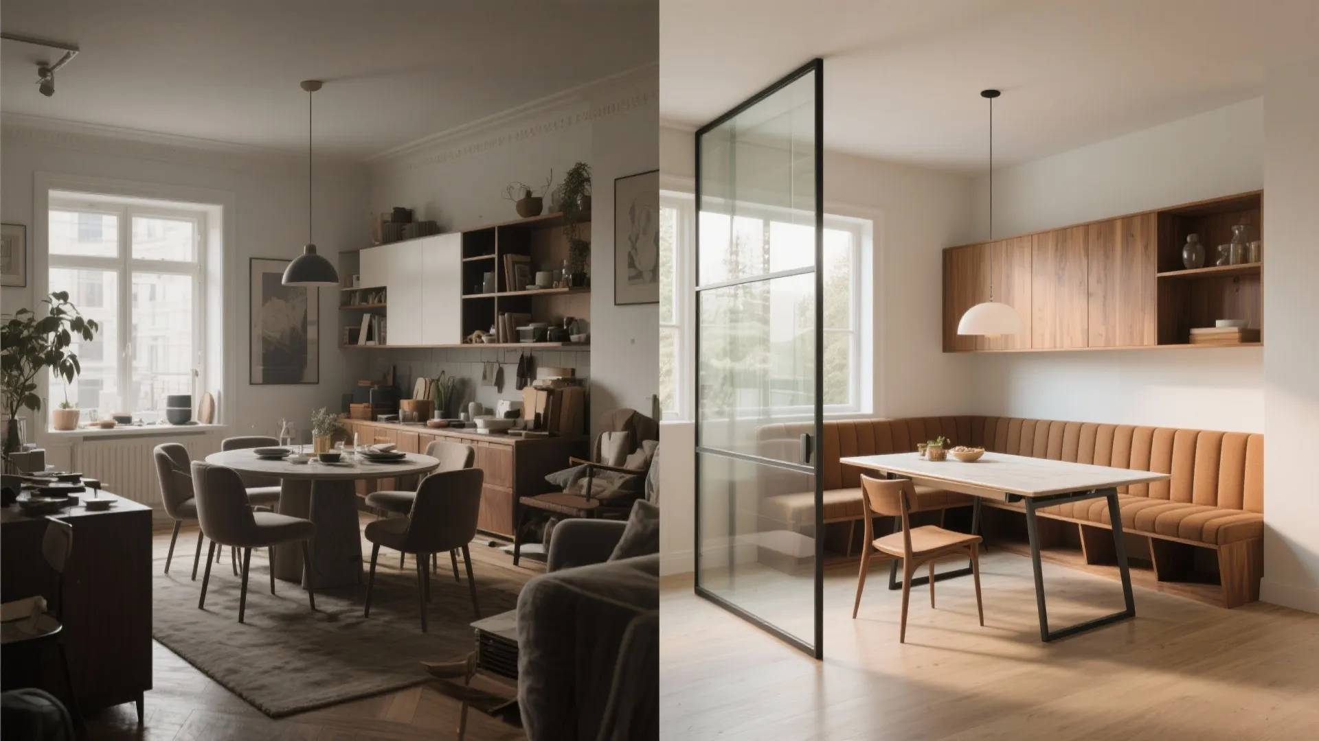 Before-and-after view of a 10 x 10 dining room transformed with storage, glass partition, banquette and warm wood accents.