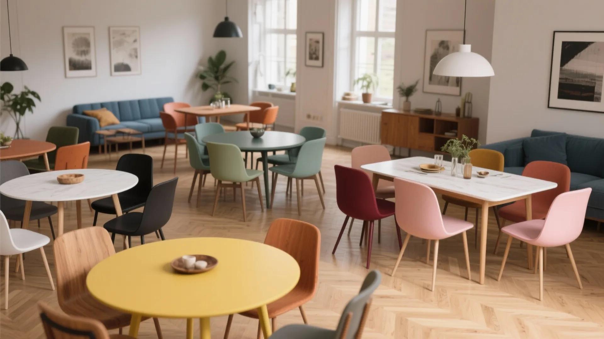 Large open room with colorful round and square tables including yellow pink and green chairs