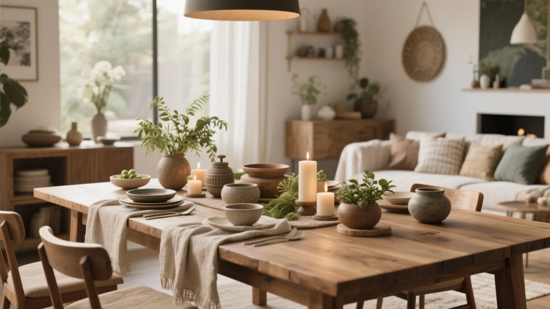 Rustic wooden dining table with pottery bowls, burning candles, green plants and cozy living room