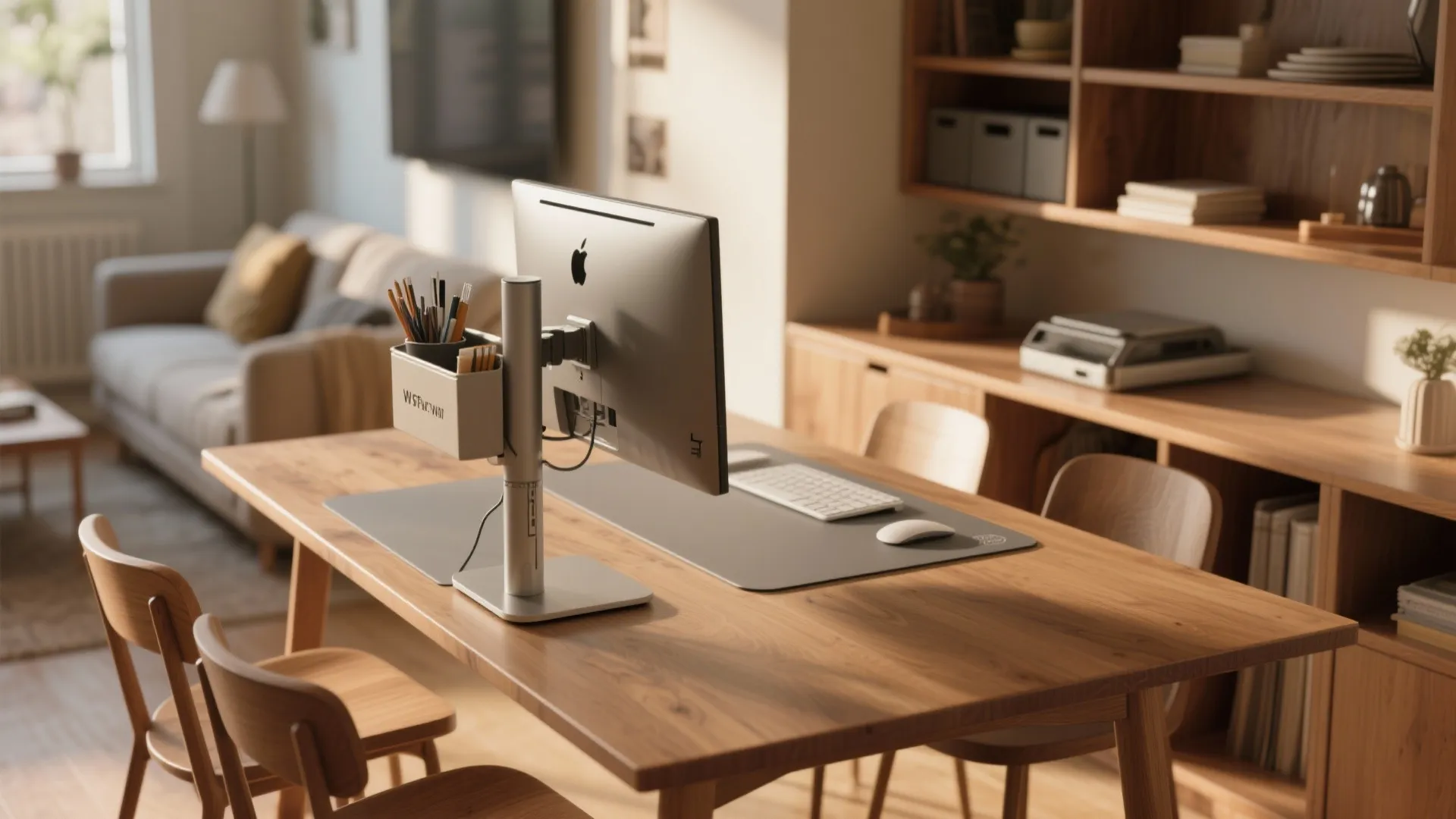 Dining table doubled as a workspace with monitor arm, desk pad, and a nearby shelving bay