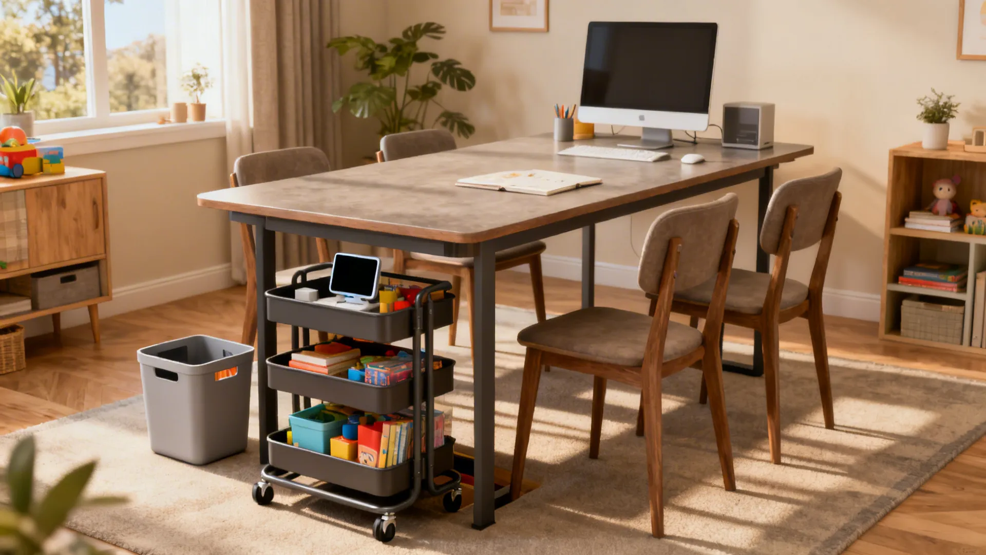 Slim dining table doubled as a workspace with a rolling storage cart and tech bin.