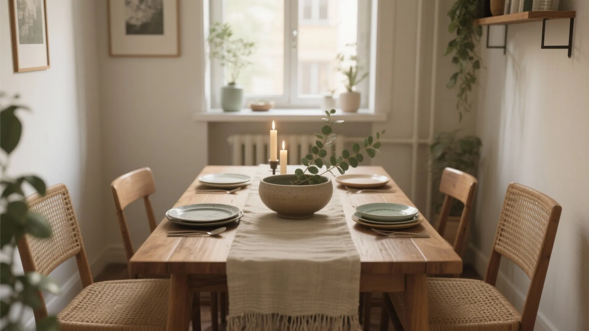 Wooden dining table set with white plates green branch in bowl and two lit candles
