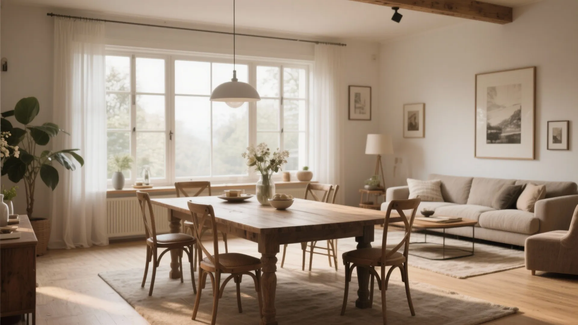 Modern open plan dining room with wooden table white ceiling light and neutral colored sofa