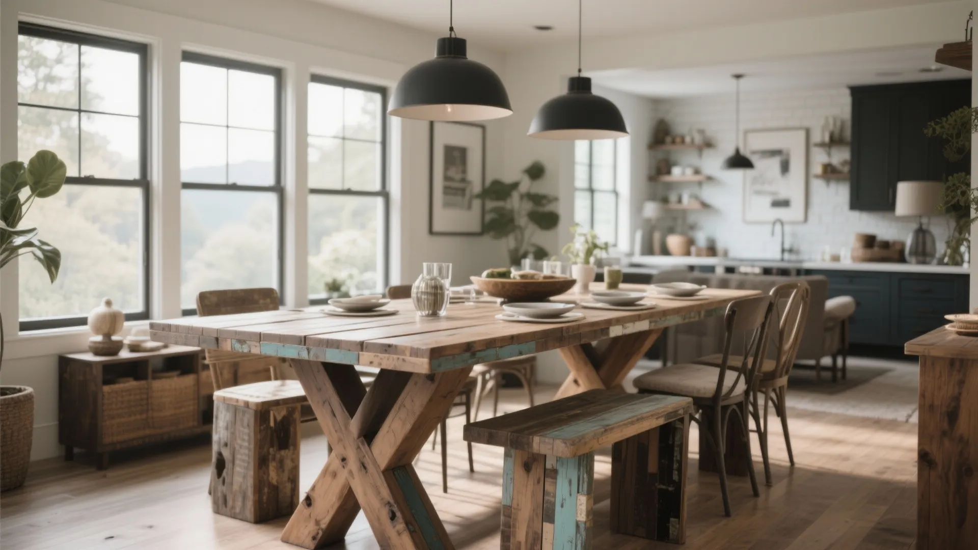 Large wooden dining table with black ceiling lights in a bright room with large windows