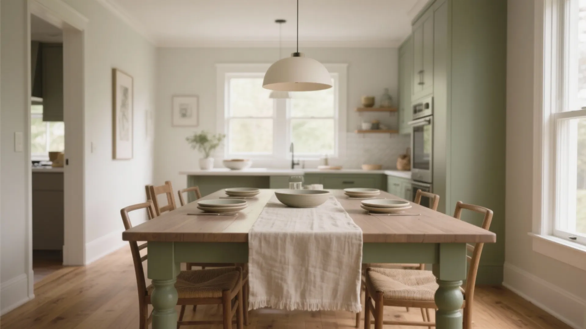 Modern green kitchen and dining area with wooden table, chairs, ceiling light, and large windows