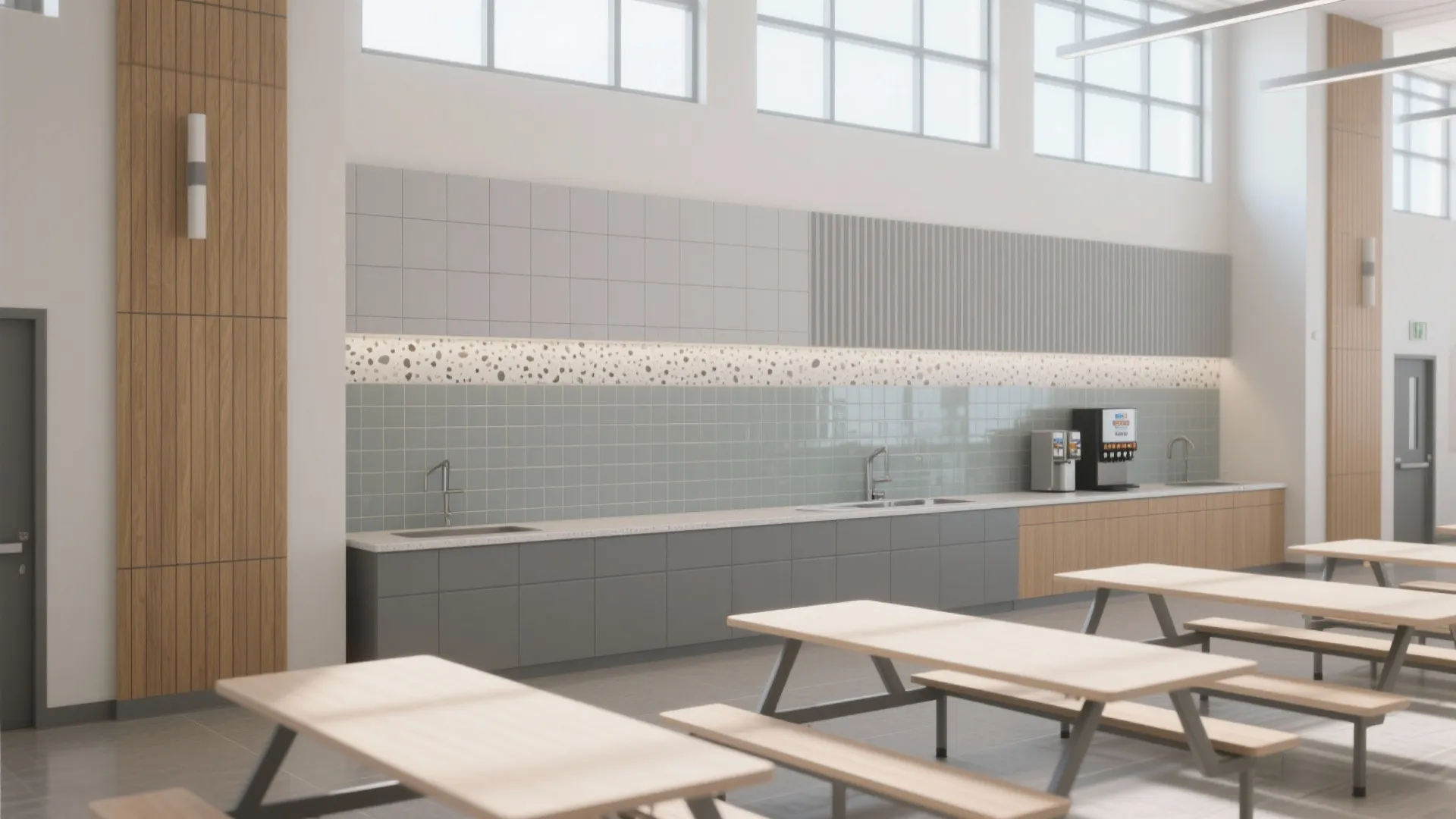 Large dining room with grey cabinets green tiles sinks coffee machines and wooden picnic tables