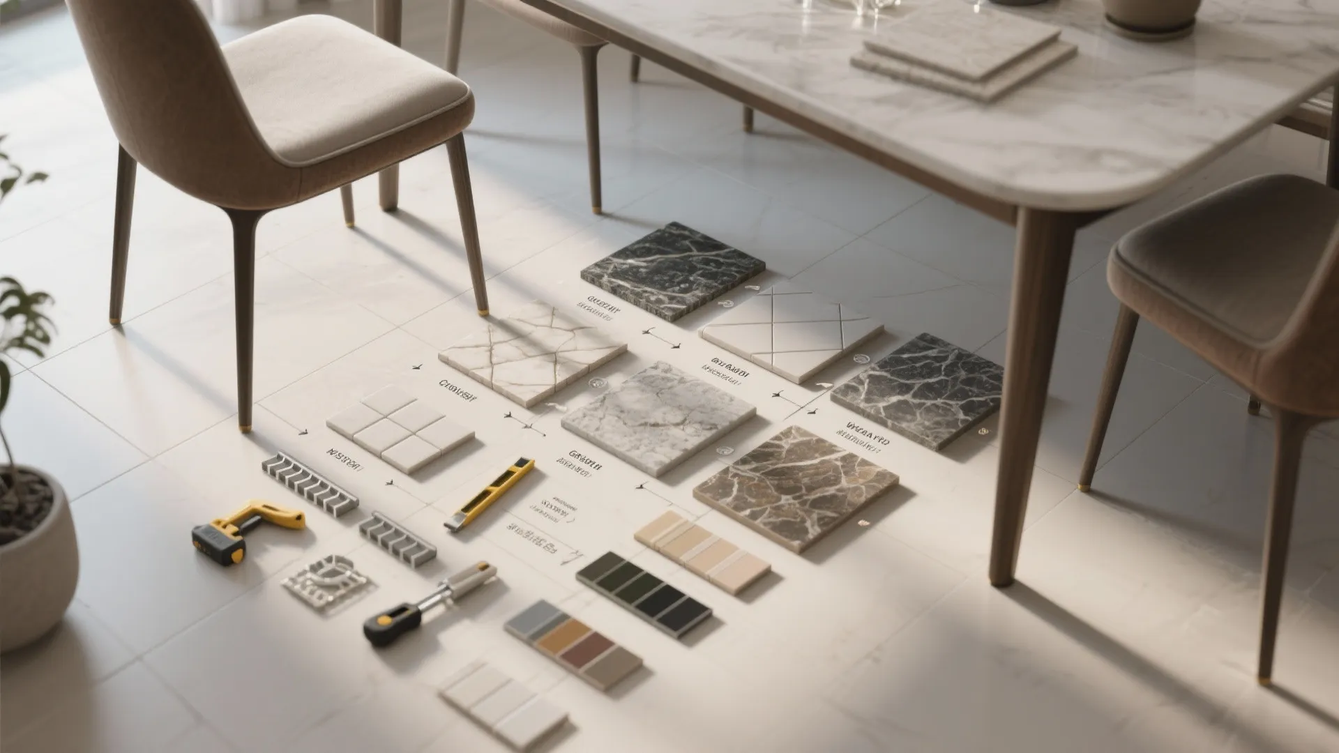 Dining room floor with marble tiles and construction tools placed near table and brown chairs