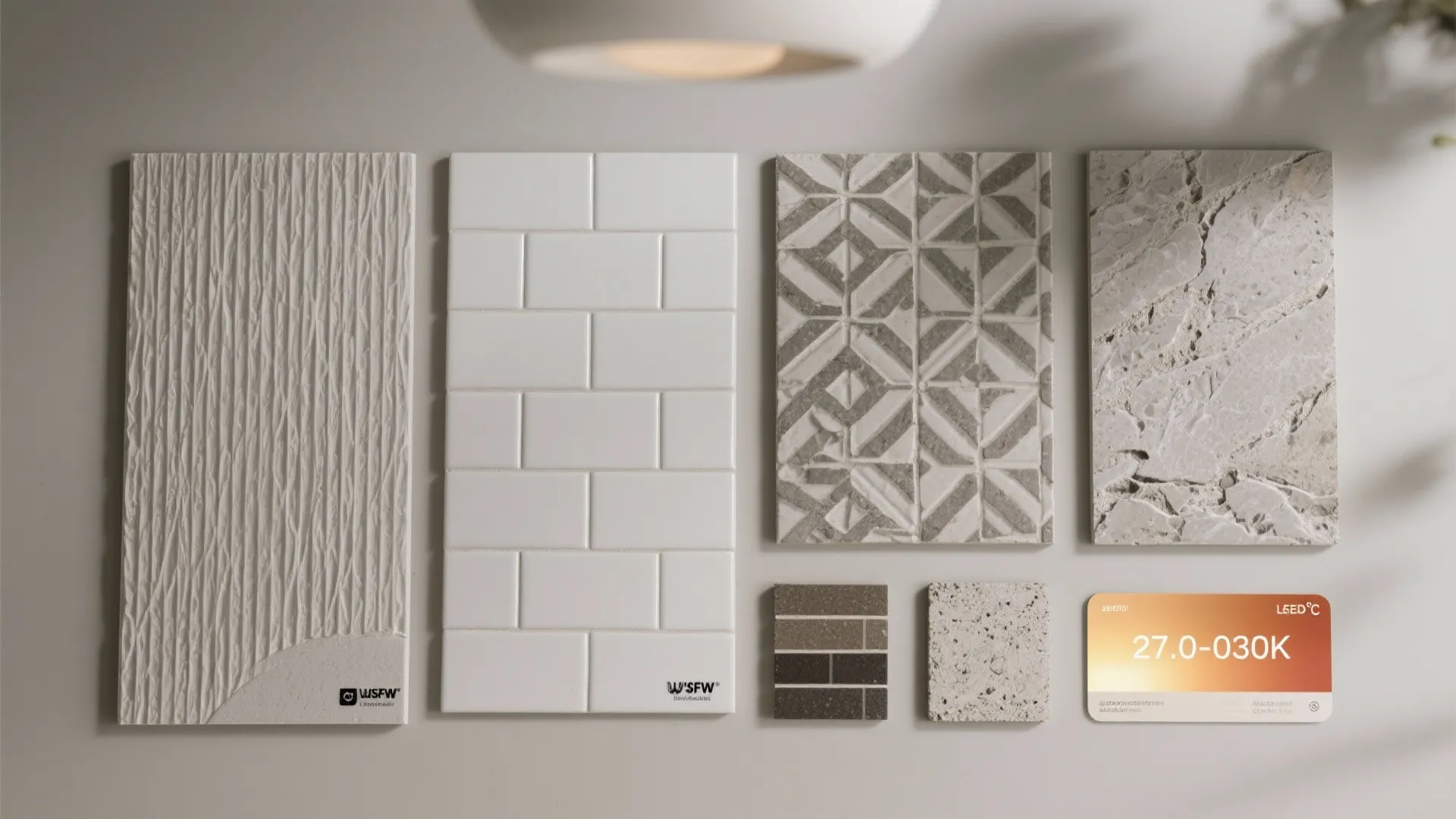 Flat lay collection of various interior design tile samples including white brick and stone patterns