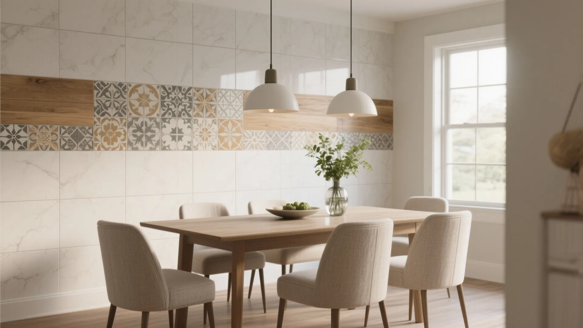 Dining room with wooden table, chairs, white ceiling lights, and patterned wall tiles with plants