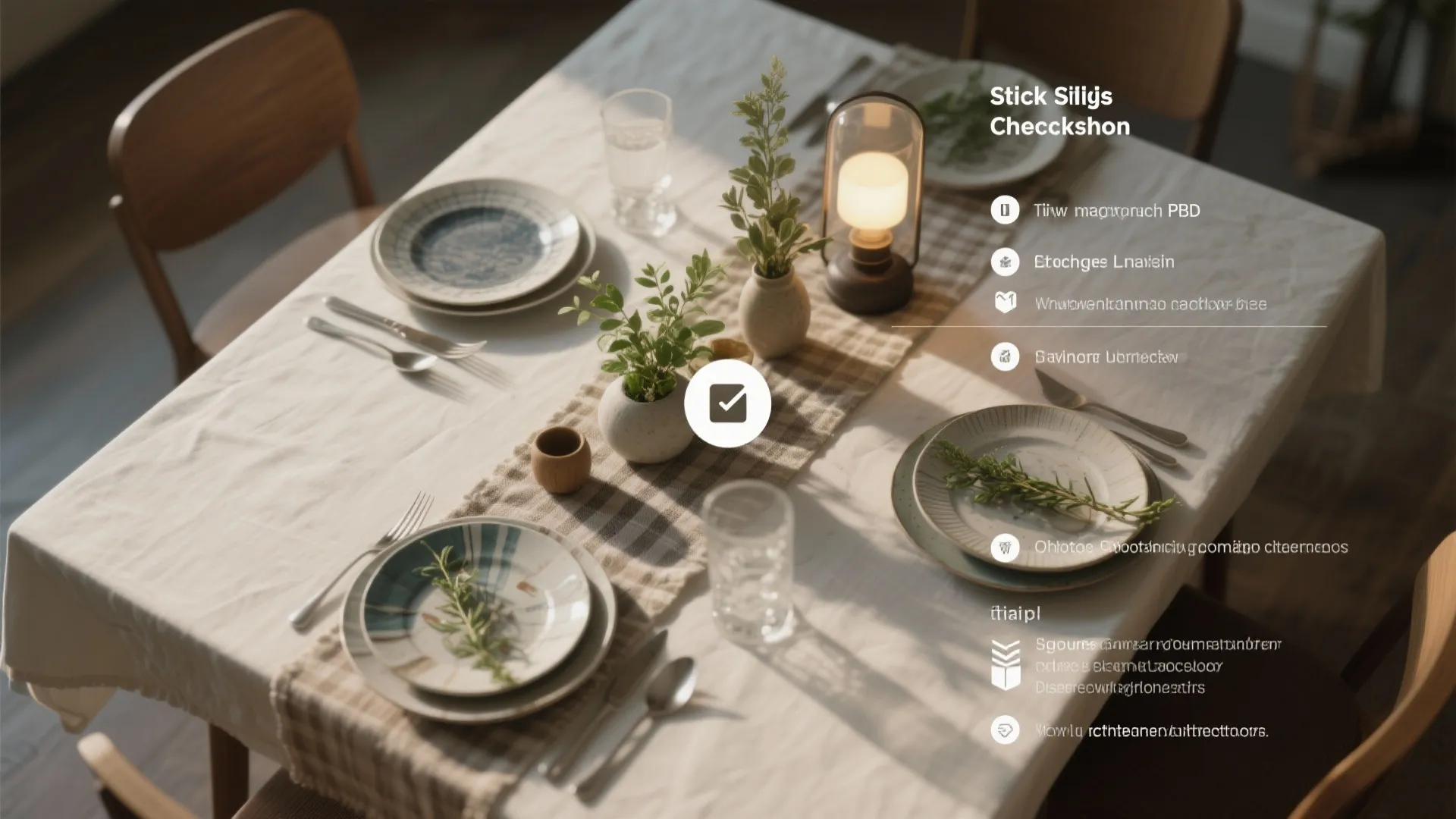 Dining table setup guide infographic with plates glasses small plants and a warm table lamp