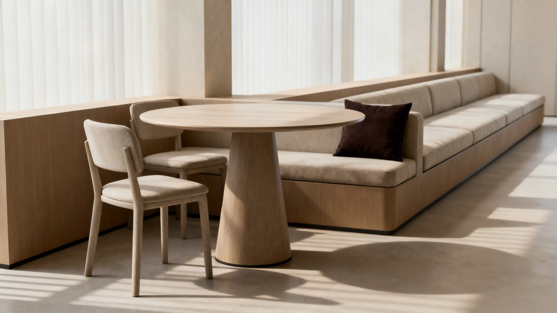 Minimalist dining area with round wooden table beige chairs long bench seat and large bright windows
