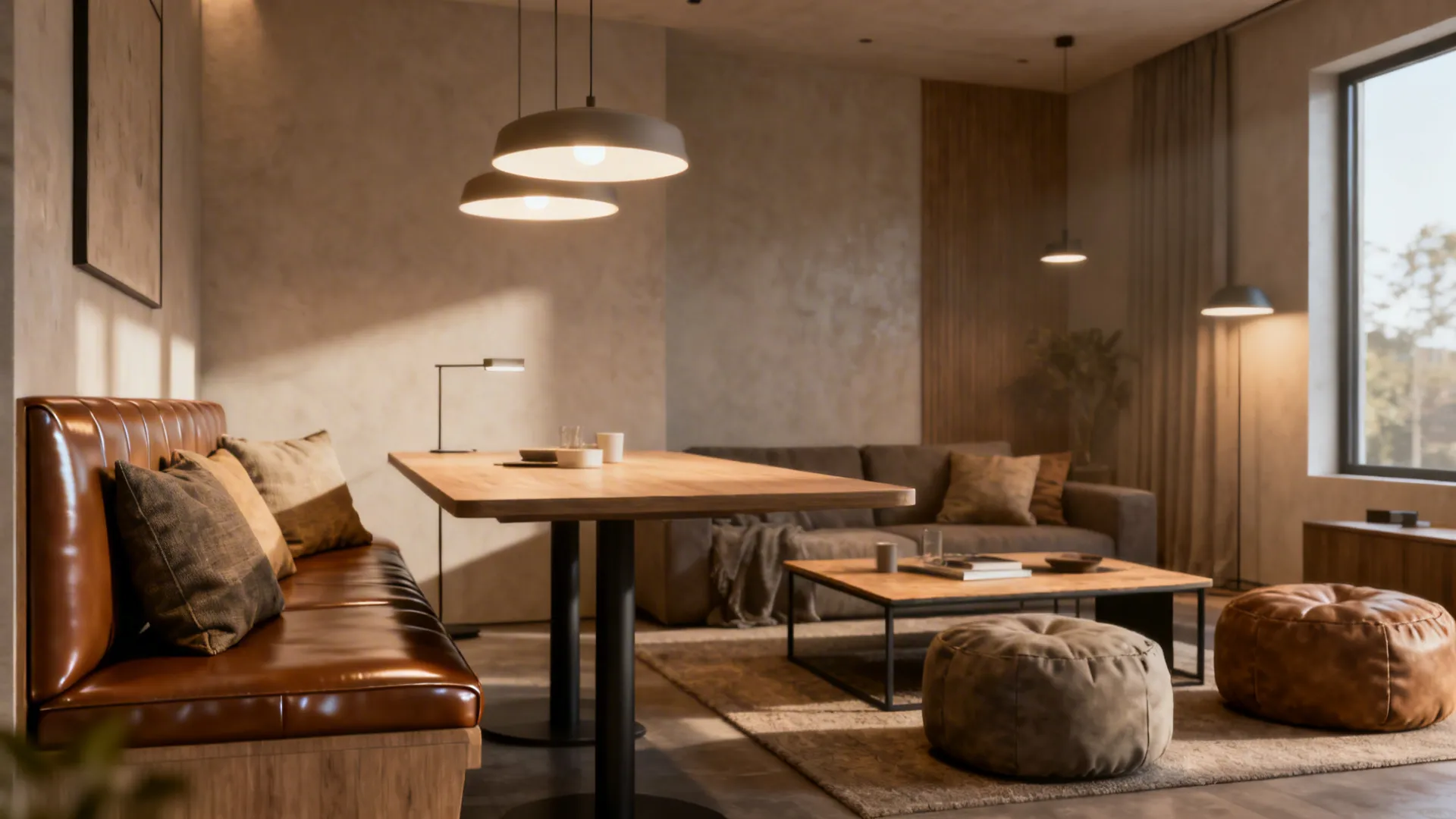 Dual-purpose dining banquette that converts into a lounge area with a low coffee table and poufs