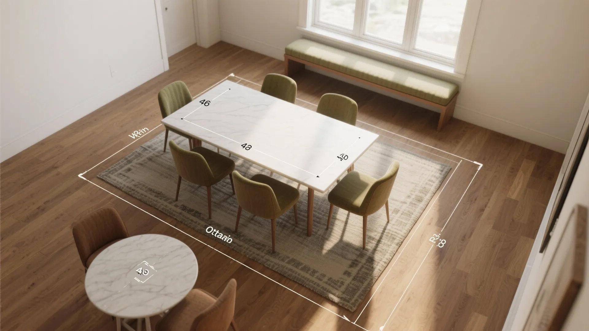 Top view interior design drawing of a dining area showing table measurements and furniture layout