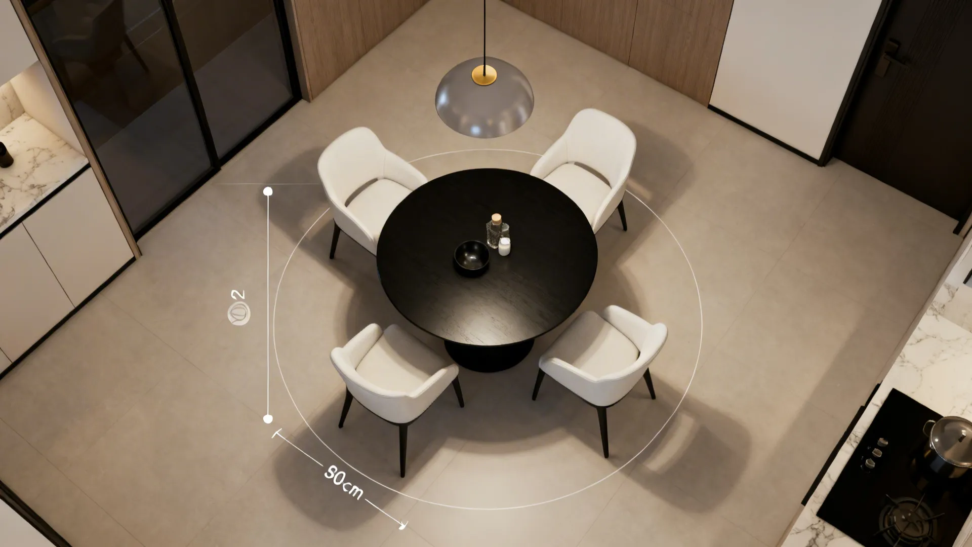 Top-down view of round table, four chairs, and centered pendant with clear circulation.