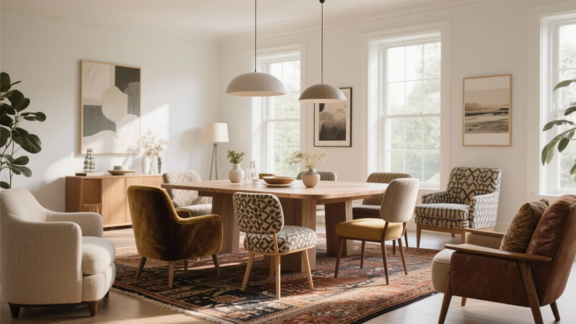 Spacious dining area with wooden table patterned fabric chairs hanging lights and large white windows