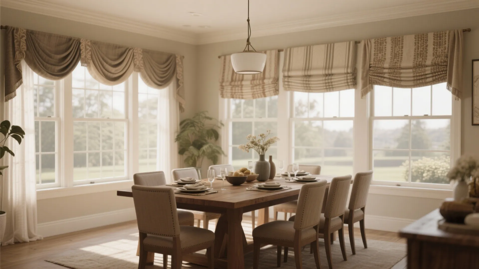 Spacious dining room showing a wooden table upholstered chairs ceiling light and multiple draped window curtains