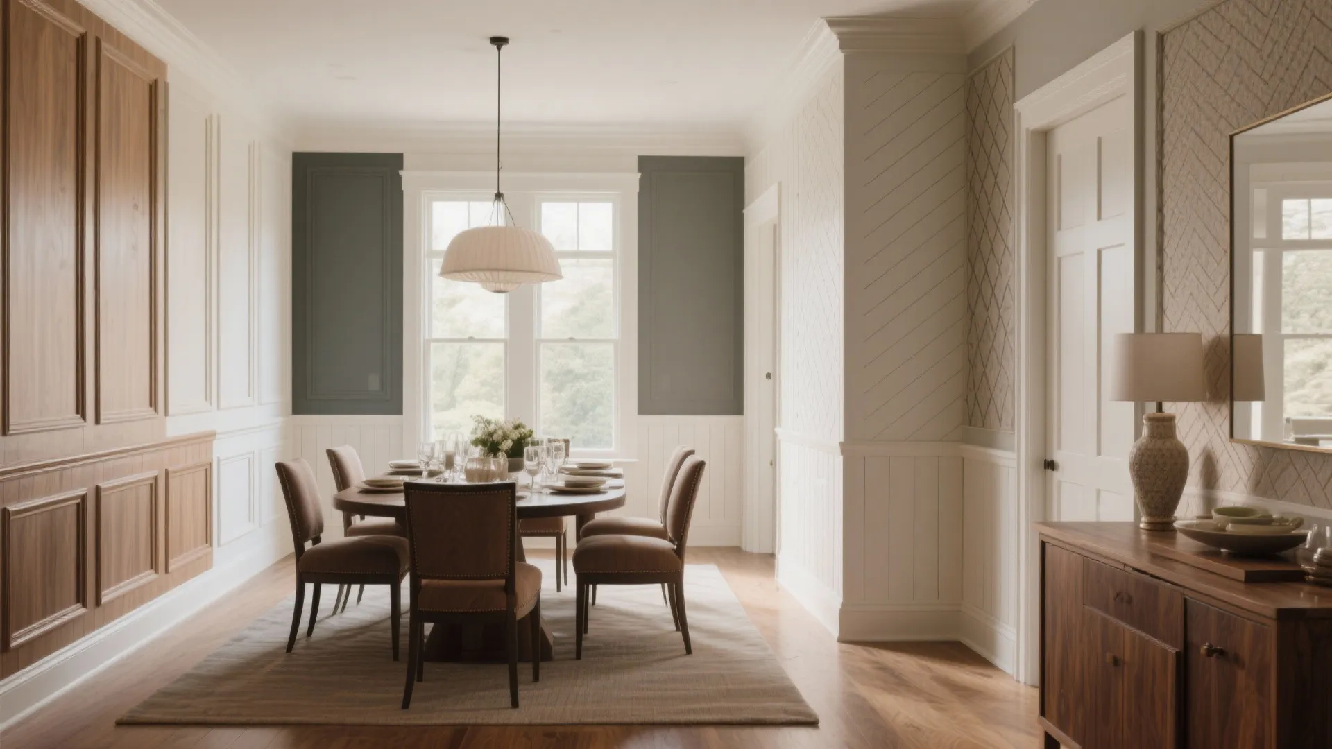Elegant dining room with wood table, brown chairs, white wall panels, and large hanging light
