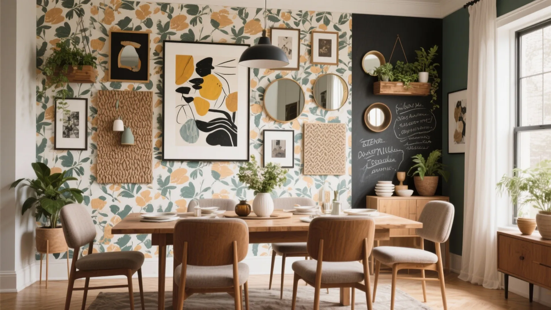 Dining room with floral wallpaper gallery wall wooden table grey chairs and a black chalkboard