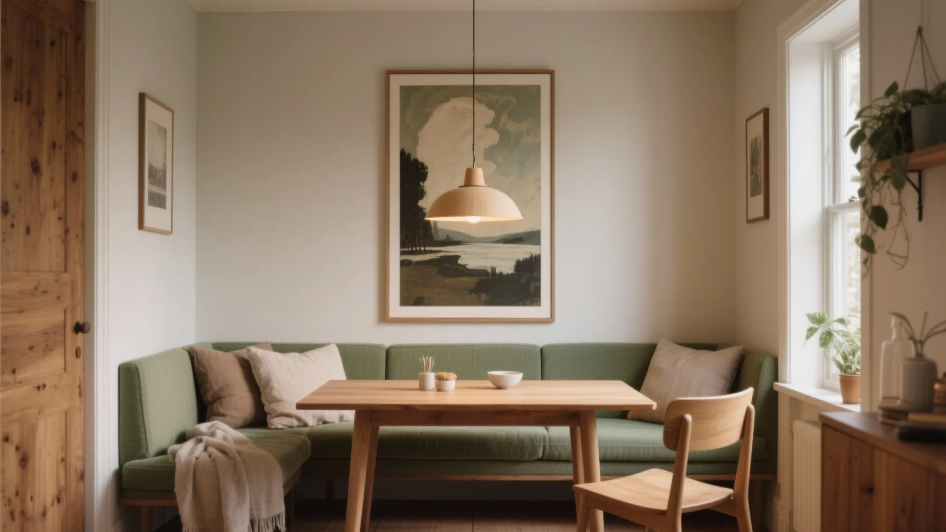 Cozy dining nook with green corner sofa, wooden table, landscape painting, and hanging light fixture above
