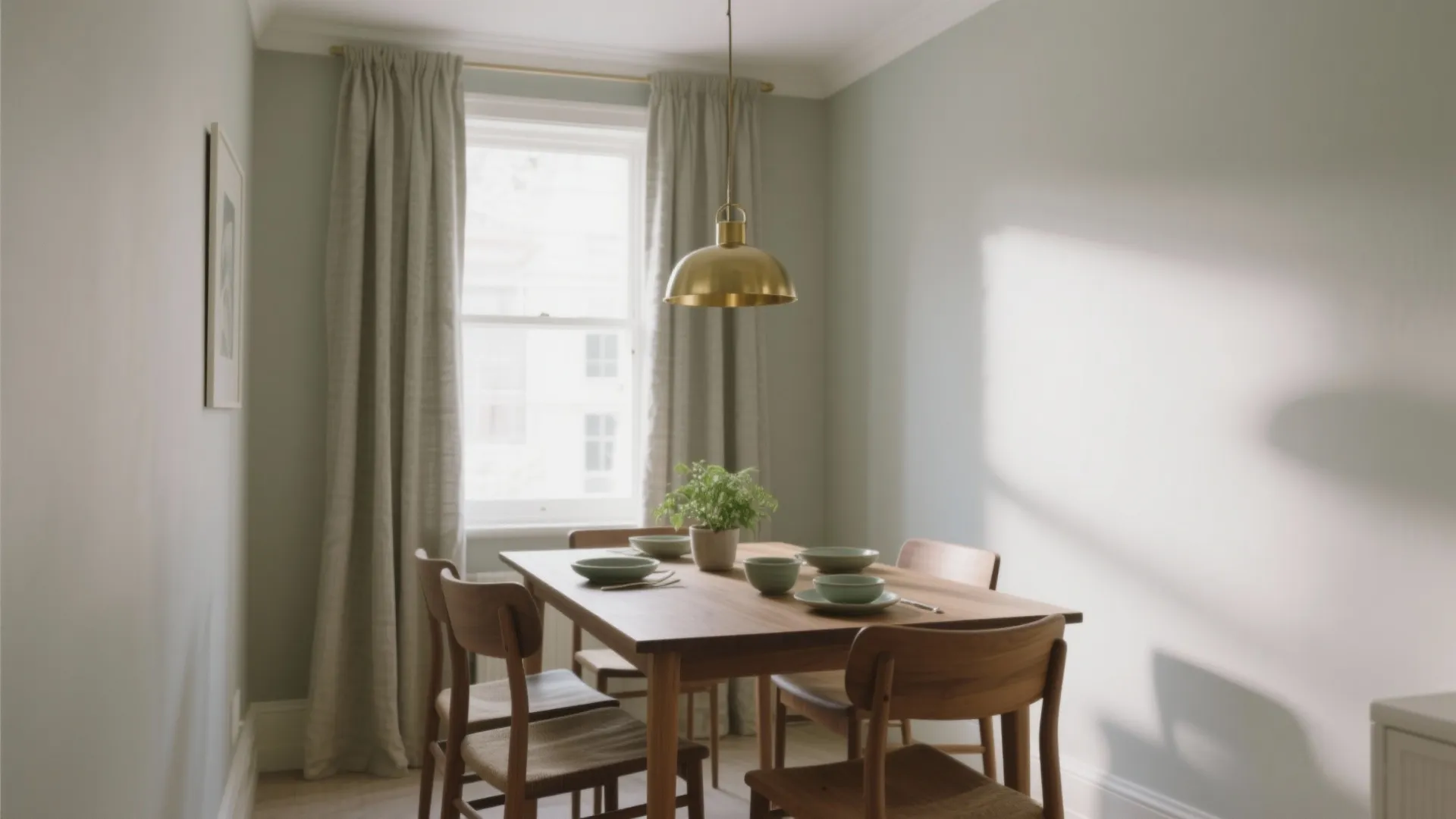 Modern dining room with wooden table chairs gold ceiling light green curtains and bright sunlight