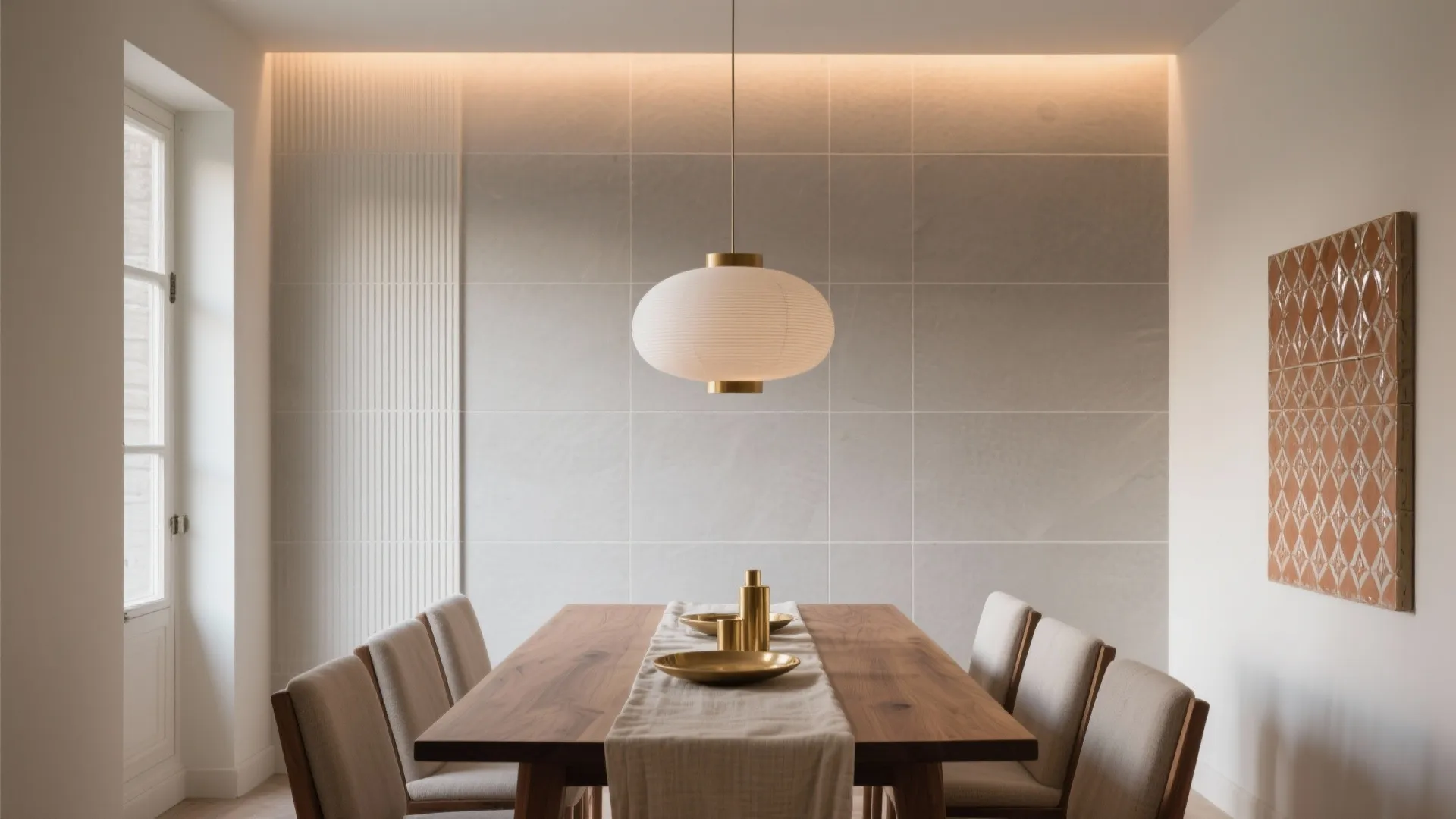 Elegant dining space with wooden table beige chairs white ceiling light and textured stone wall panels