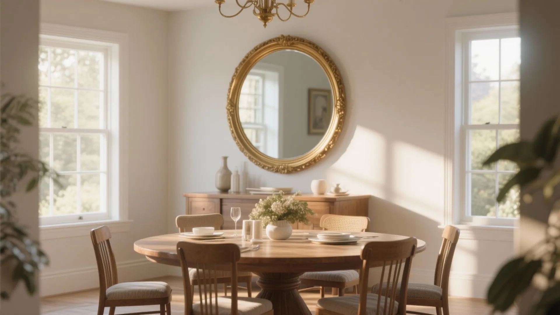 Bright dining room with round wooden table gold wall mirror two windows and ceiling light