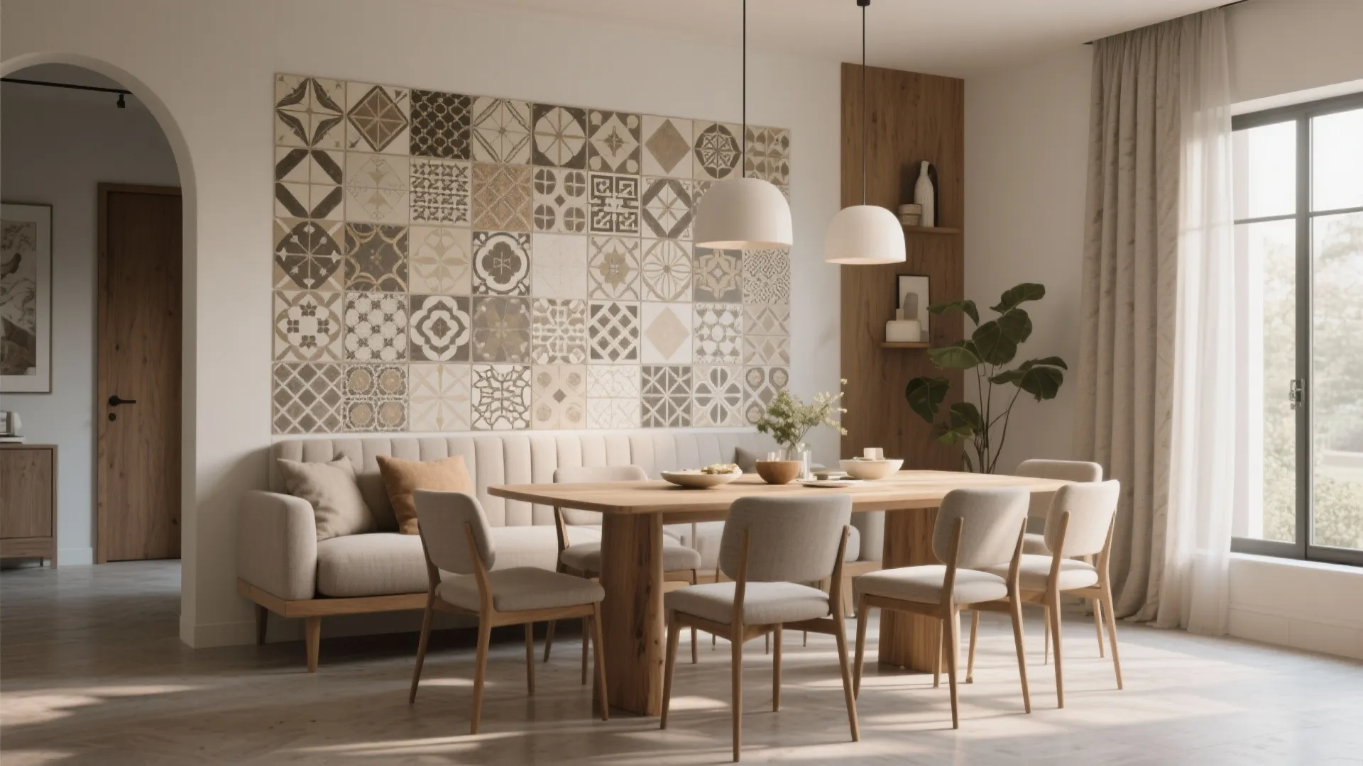 Spacious dining room with patterned wall tiles a wooden table and two white ceiling lights