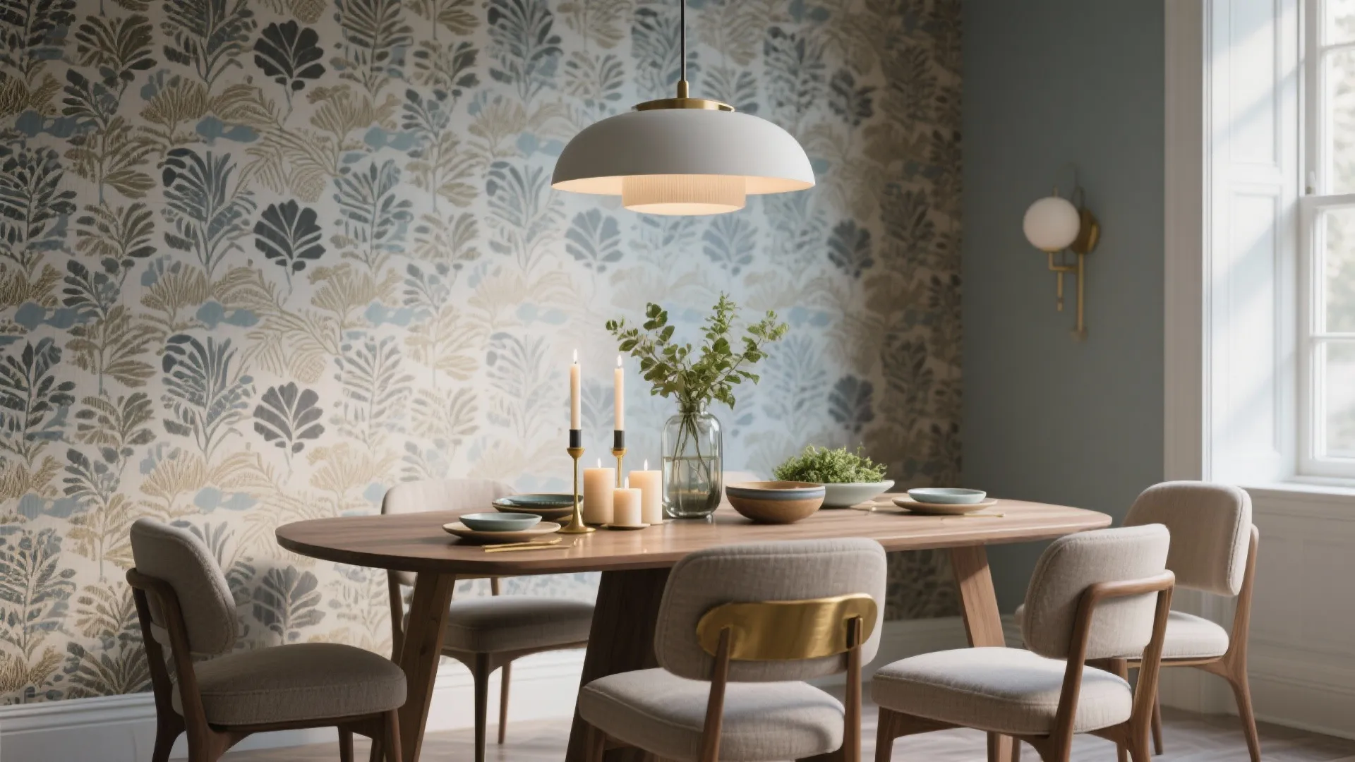 Dining room featuring floral wallpaper wooden table with chairs white ceiling light and wall light