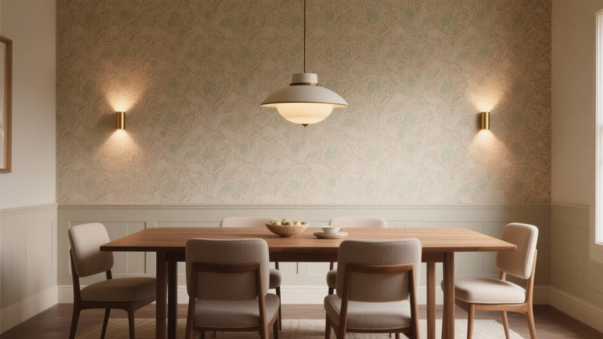 Dining room featuring wooden table beige chairs patterned wallpaper wall panel and minimalist ceiling light