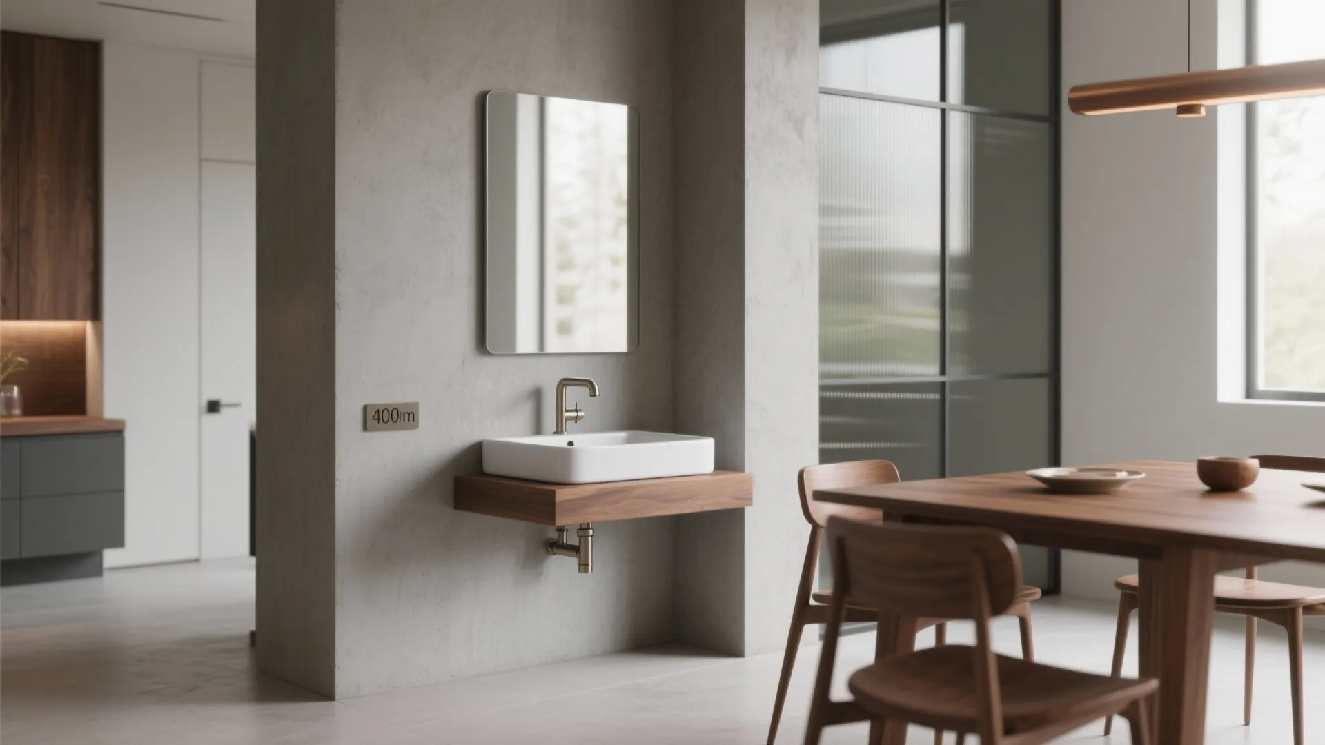 Modern dining room featuring a small white wash basin on a wooden shelf with mirror