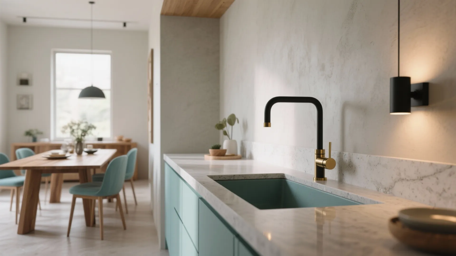Modern kitchen sink area with black faucet and marble countertop plus wooden dining table nearby