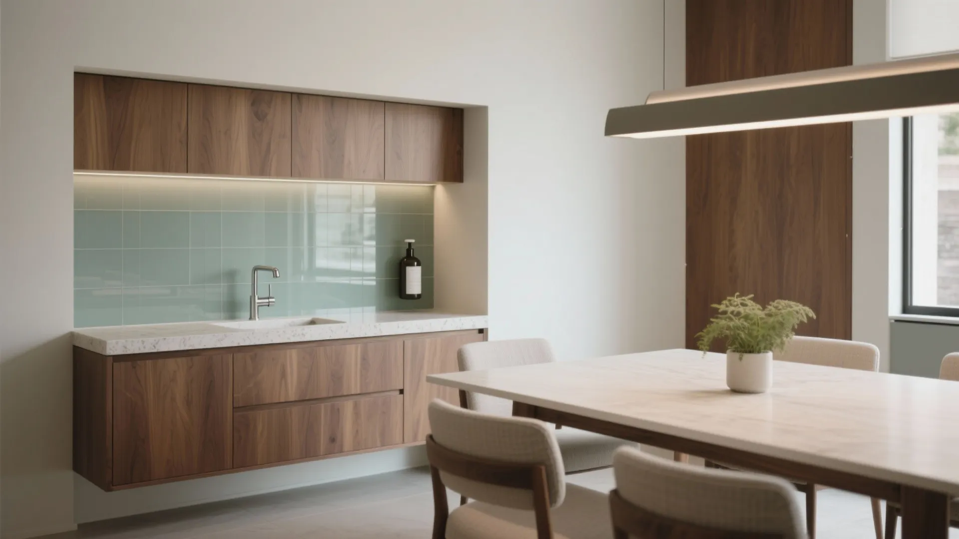 Kitchen with dark wood cabinets green tile wall white countertop and dining table with chairs