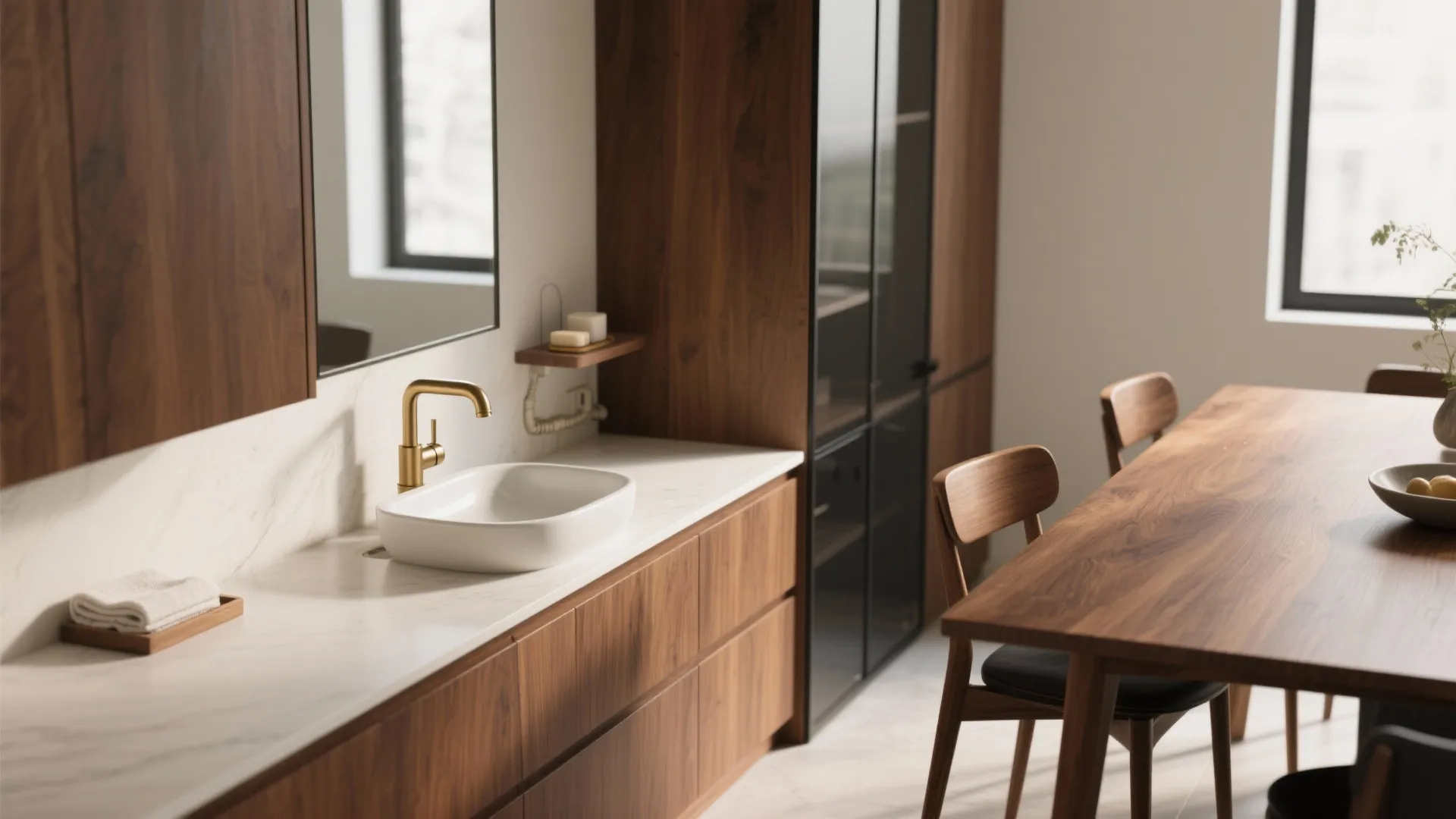 Modern wooden kitchen cabinet with white sink and gold faucet near a large dining table