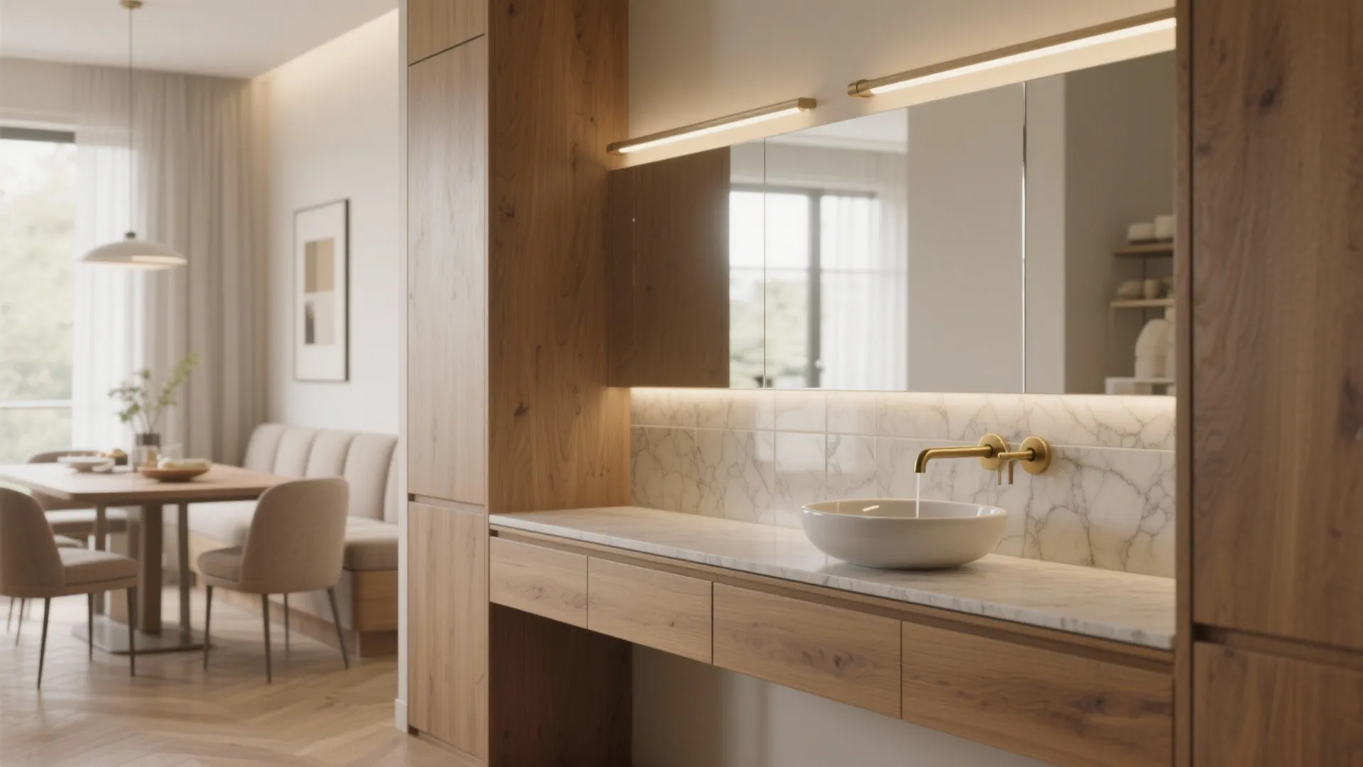 Interior design drawing of wooden bathroom cabinet marble countertop gold tap and dining room background