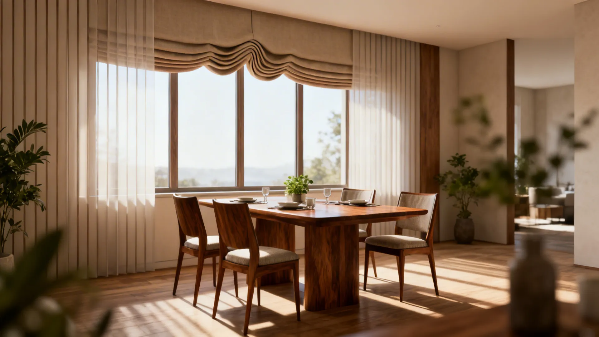 Minimalist dining room featuring wooden table, chairs, large window with sheer curtains and natural sunlight