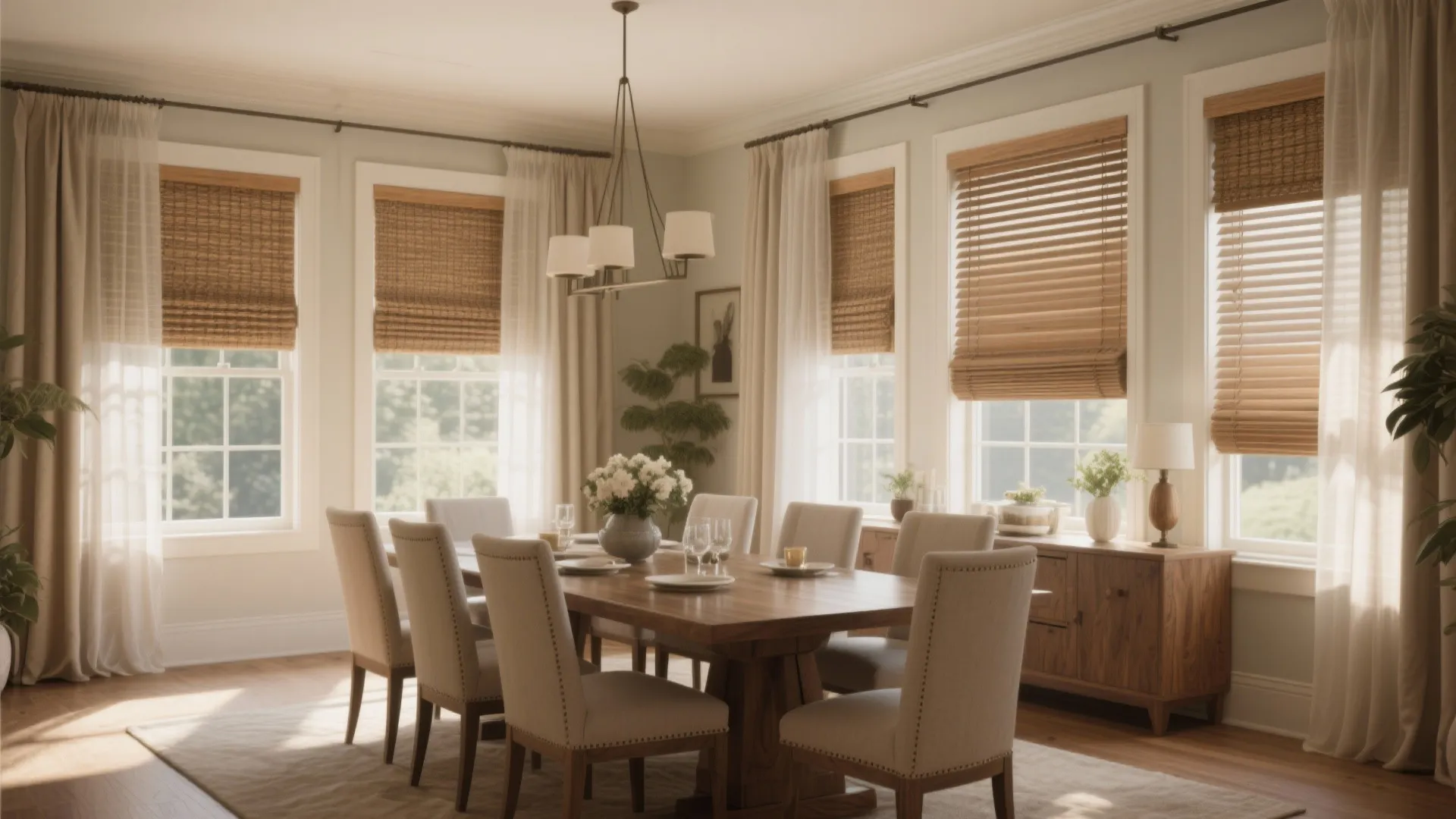 Elegant dining room with wooden table white chairs bamboo window blinds and a ceiling light