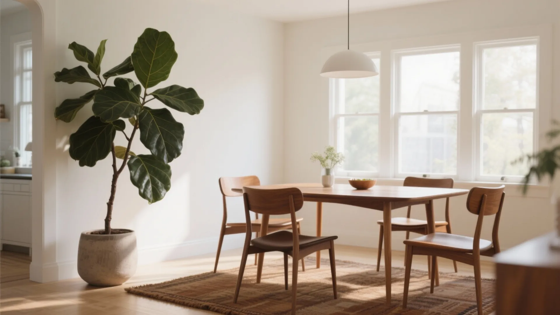 Modern dining room with wooden table four chairs large green plant ceiling light and windows