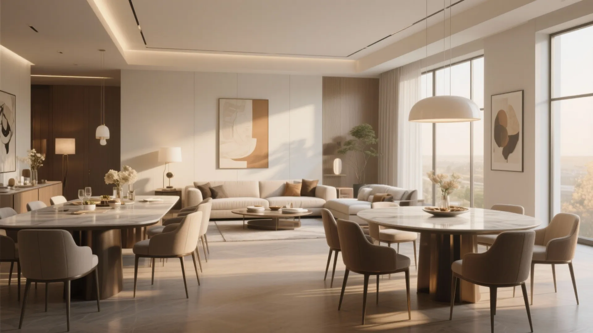 Open plan living and dining area with round tables soft sofa and bright ceiling light