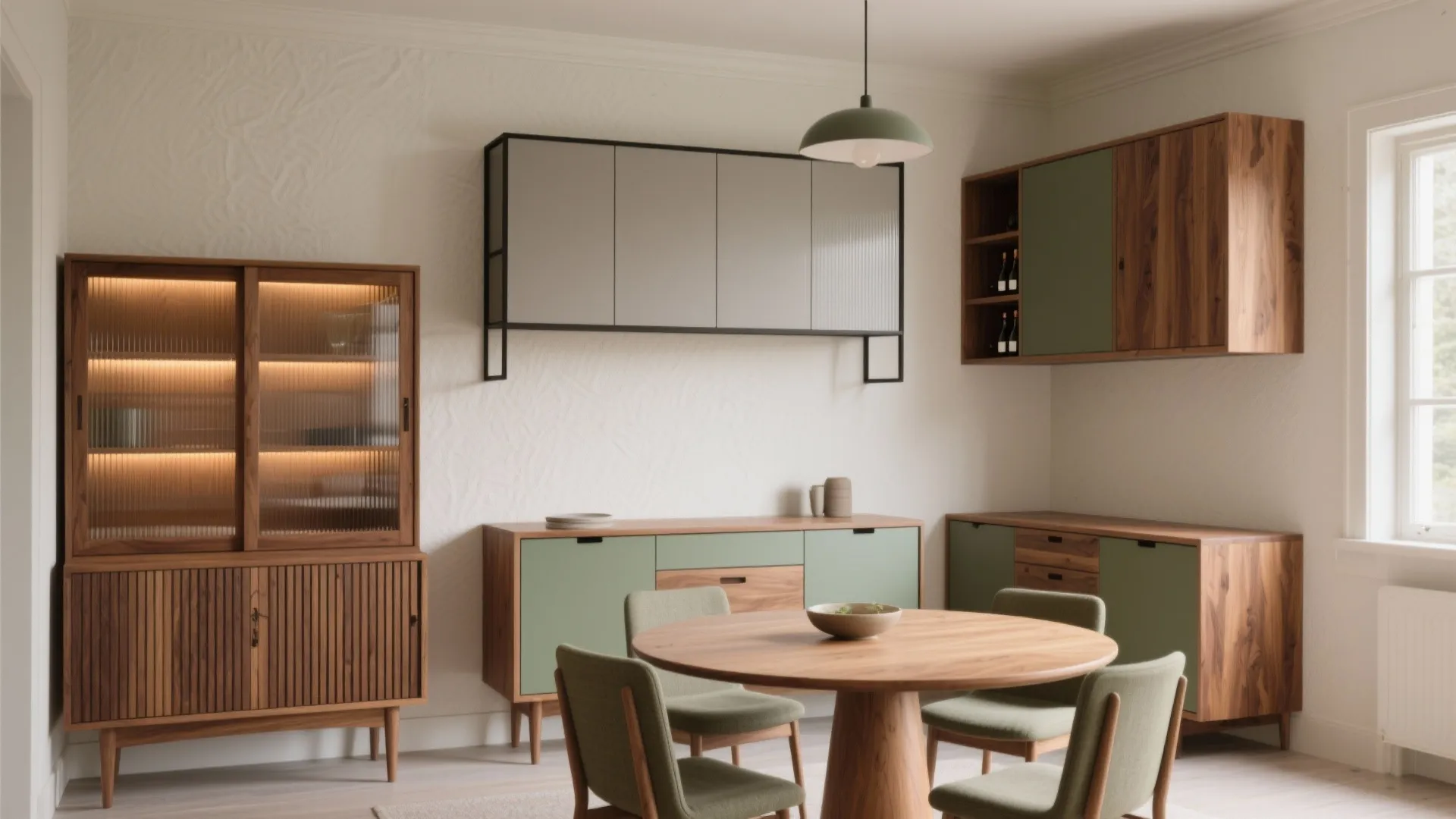 Modern dining room with round wooden table green chairs and various wall mounted storage cabinets
