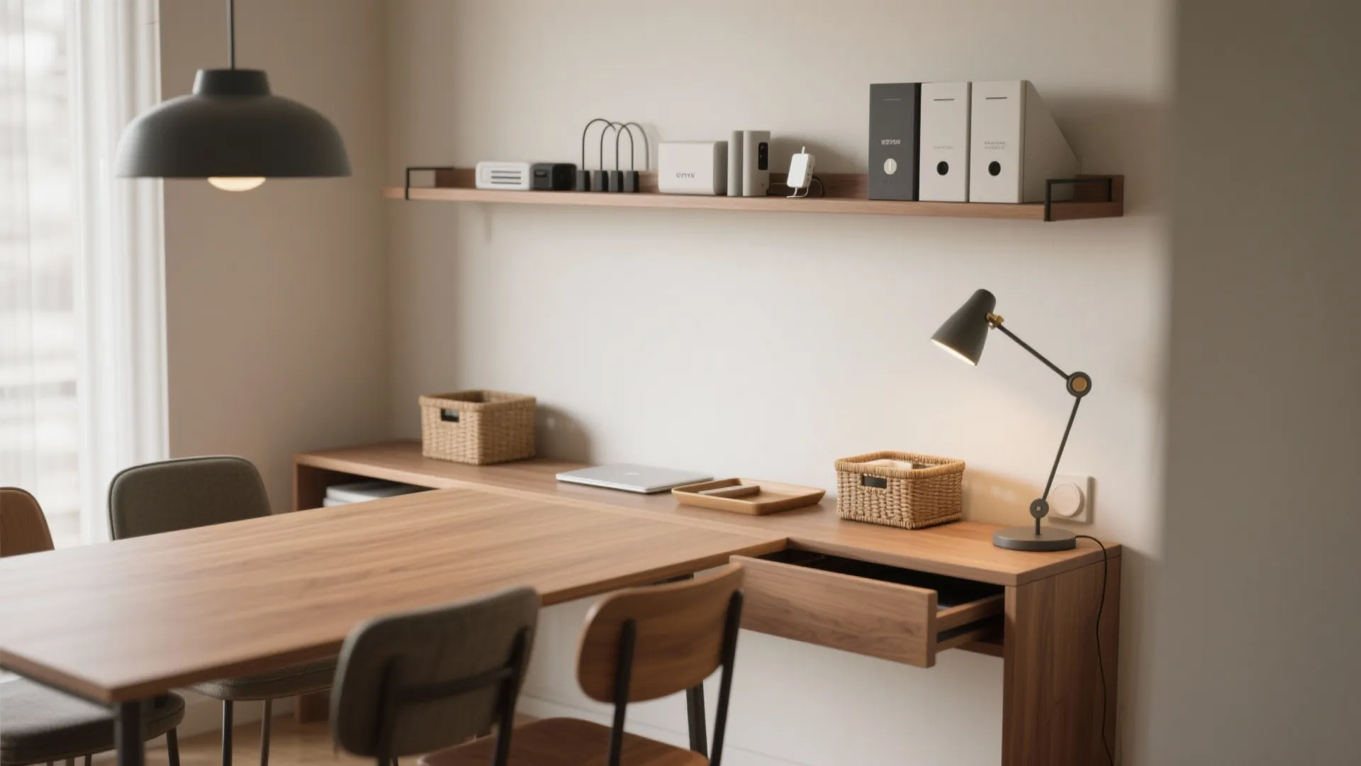 Slim dining table against a wall doubling as a workspace with a shelf and tidy storage.