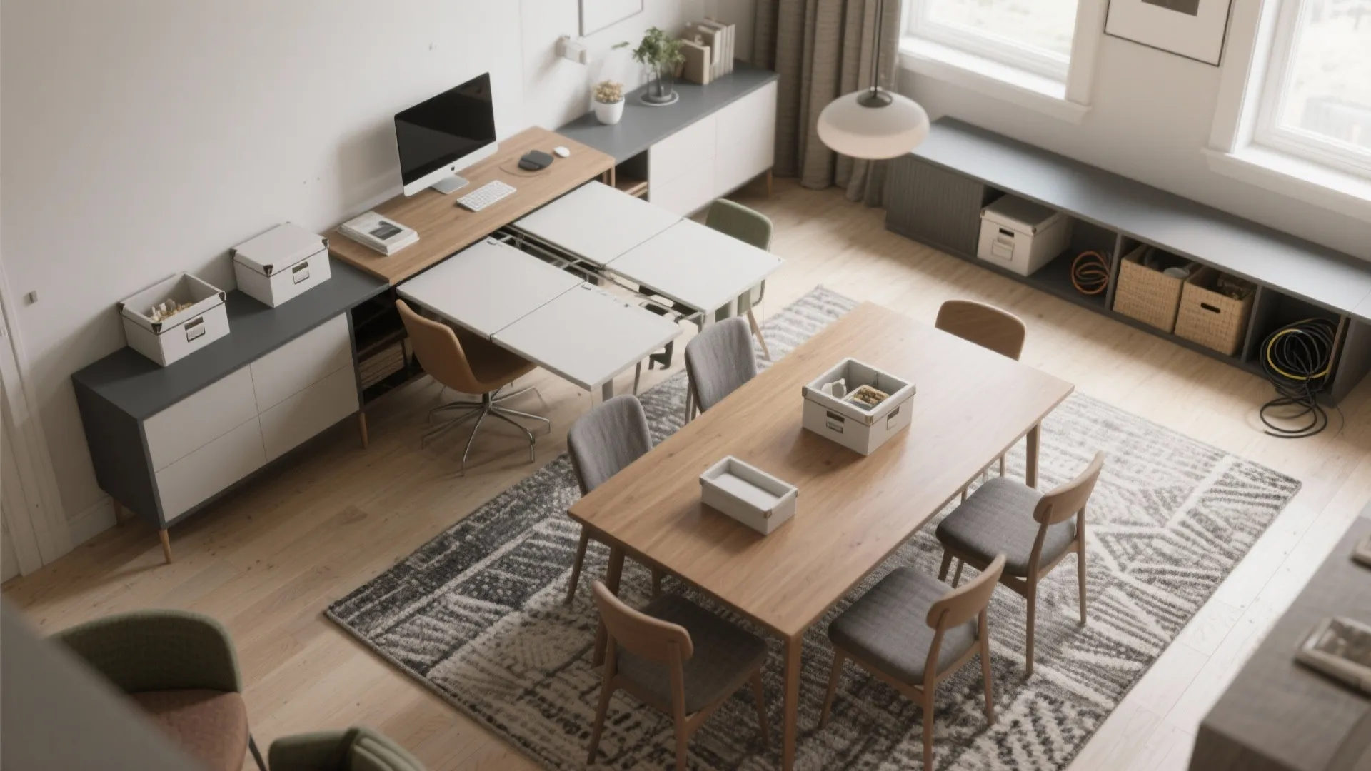 Modern home office and dining area with wooden desks computer chairs cabinets and grey pattern rug