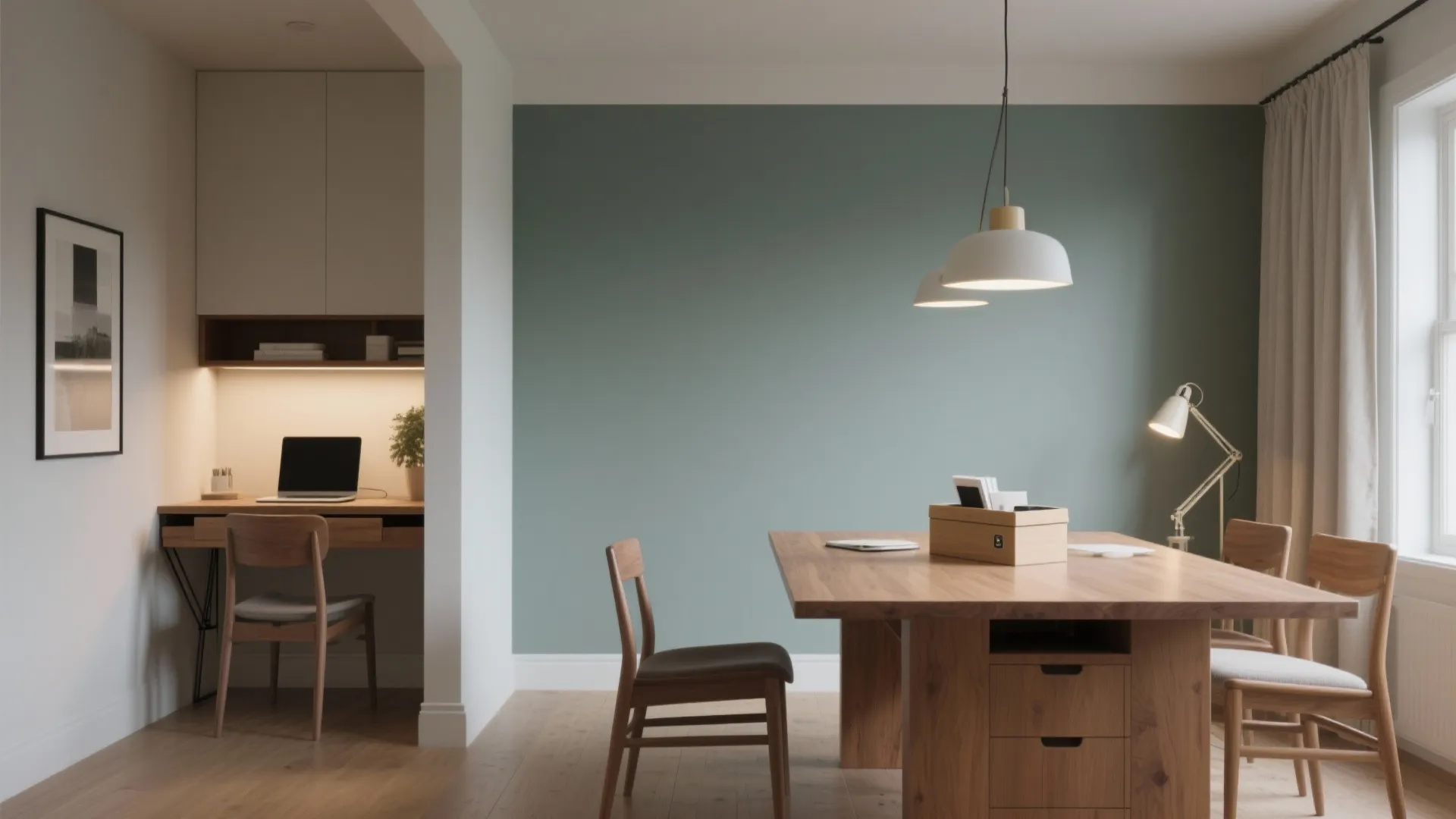 Modern home office nook with green wall wooden desk laptop and adjacent large dining table