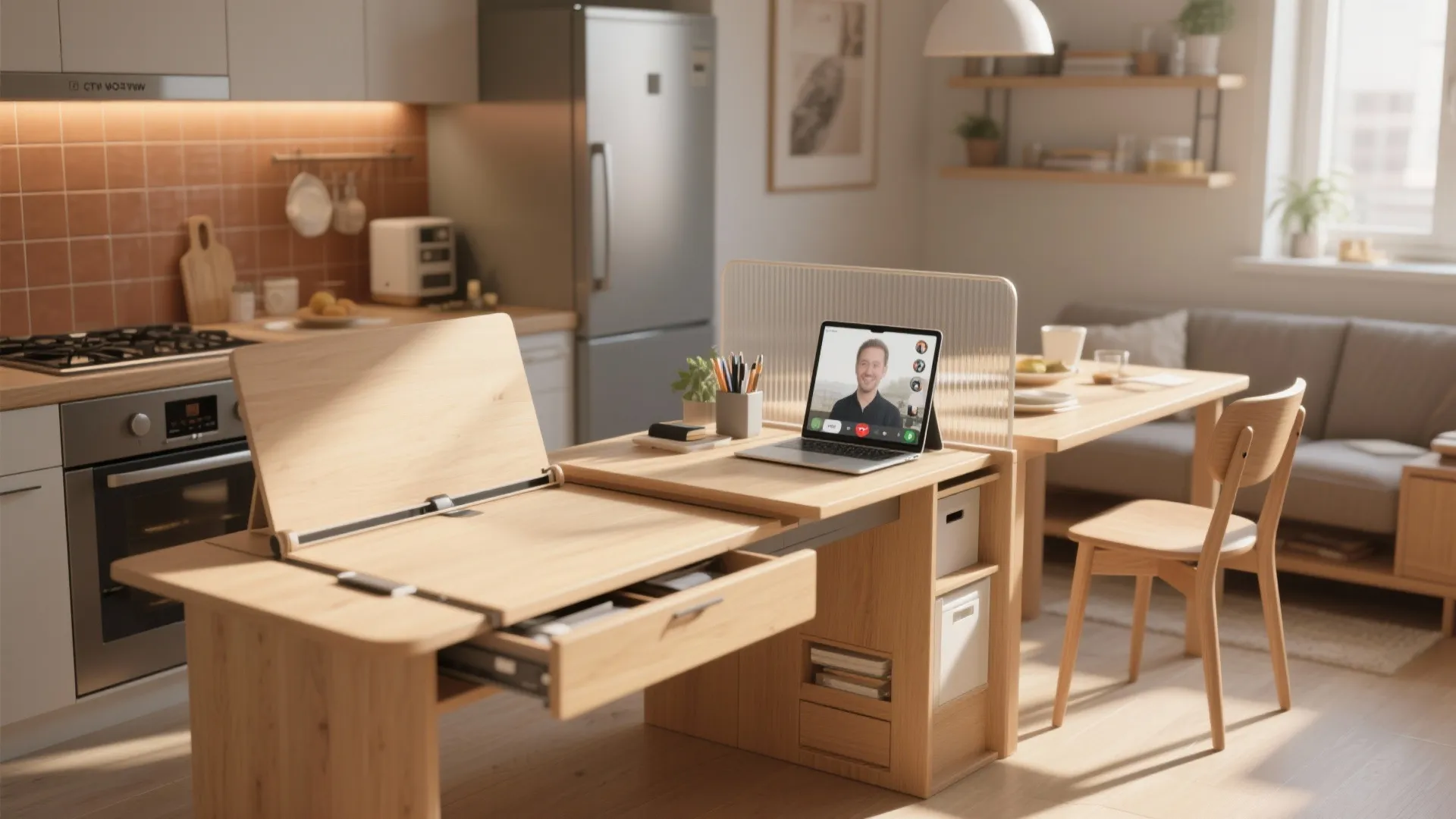 Small dining table with an extendable leaf, sliding drawer and folding screen used as a temporary workspace.
