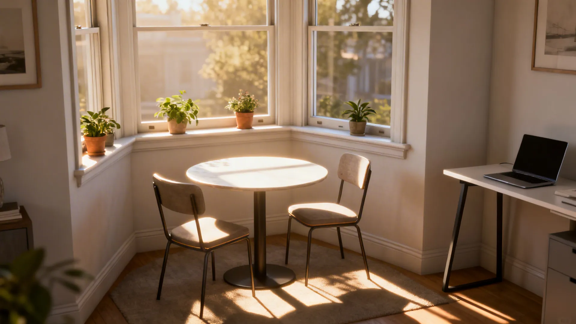 Bay window reused as a small dining nook with a round table and chairs or a compact workspace with a slim desk.