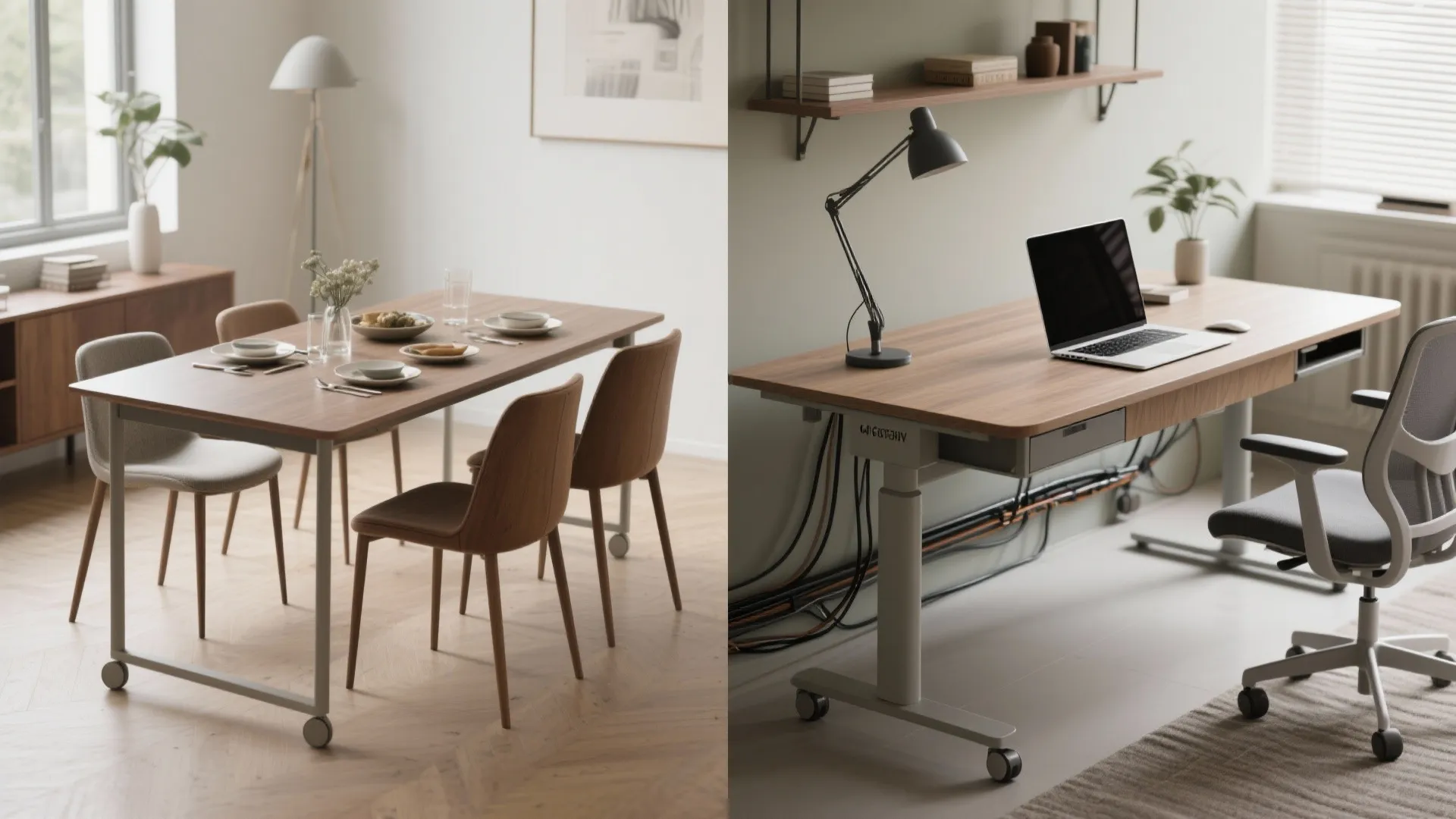 Split view of wooden dining table with chairs and adjustable work desk with laptop and lamp