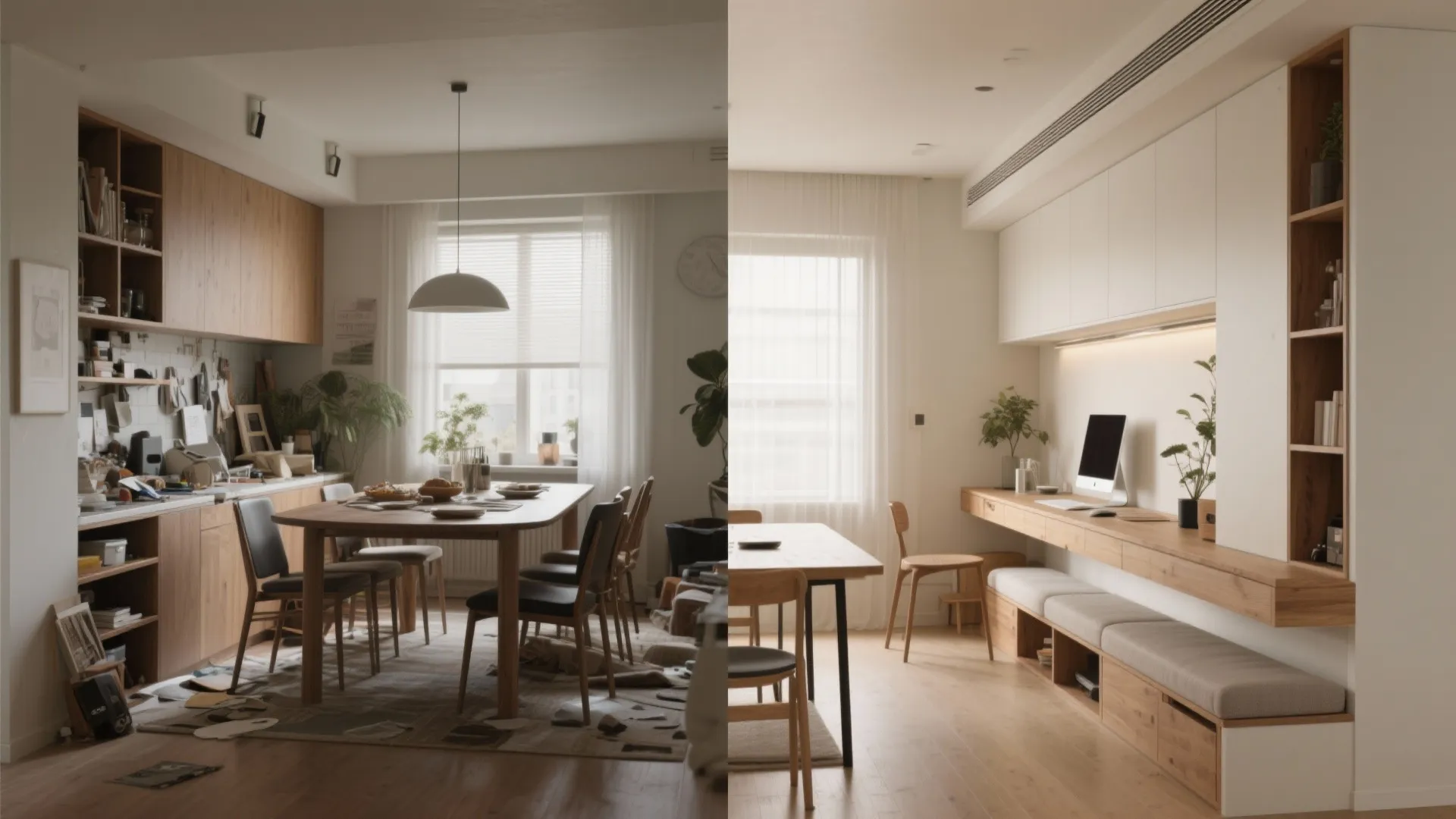 Before and after comparison of messy dining area versus clean organized room layout with built-in storage