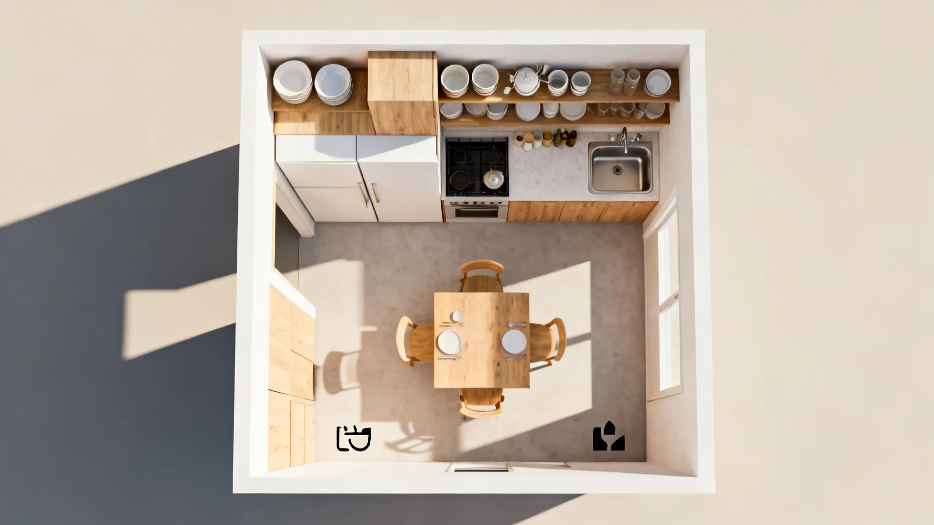 Top-down layout showing crockery storage, a compact wash zone, and clear circulation around a dining table.